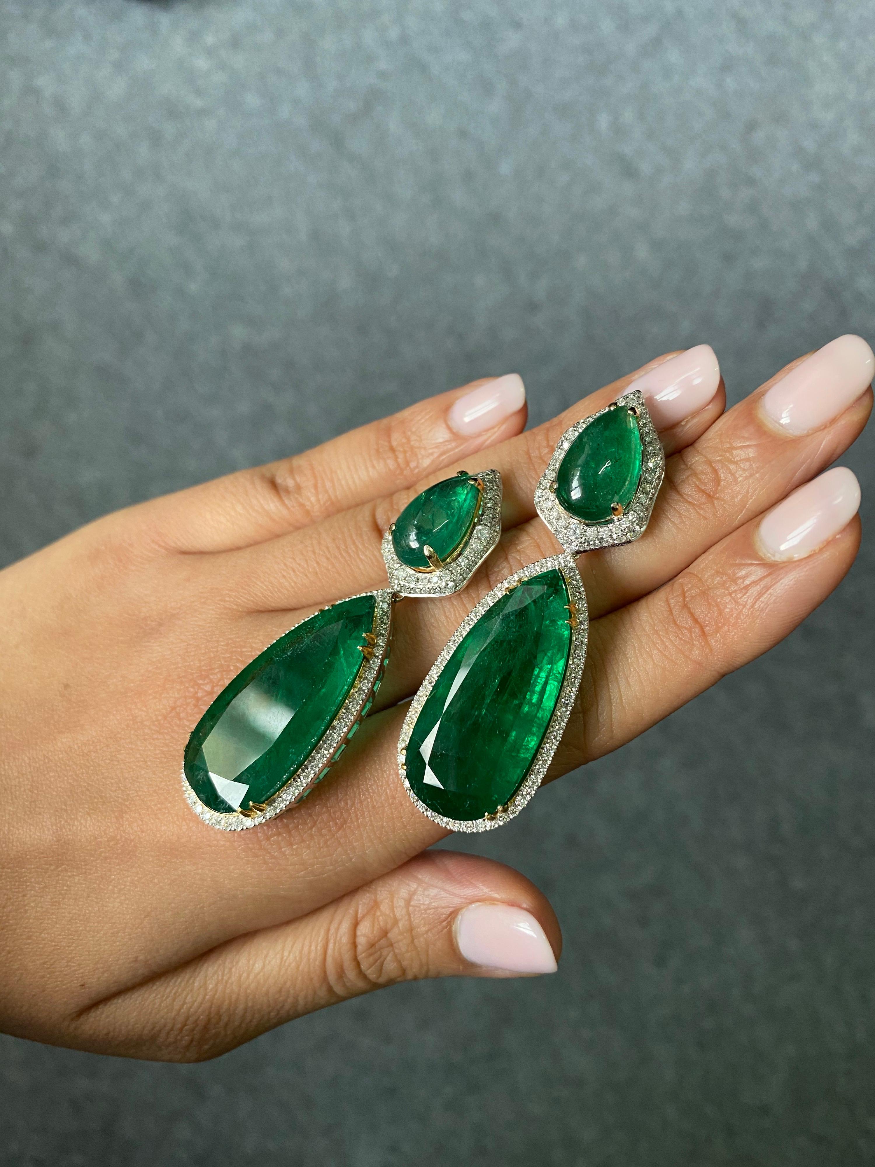Pear Cut Certified 65.32 Carat Emerald and Diamond 18K White Gold Dangle Earring