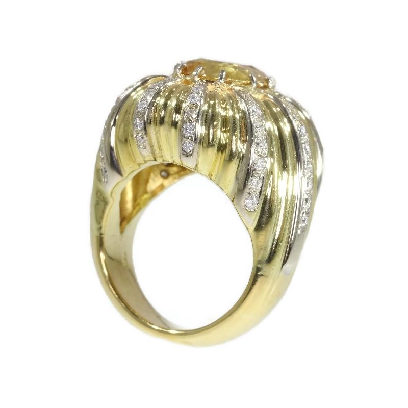 Retro Certified 6.56 carat Yellow Sapphire and Diamond Gold French Cocktail Ring, 1960 For Sale