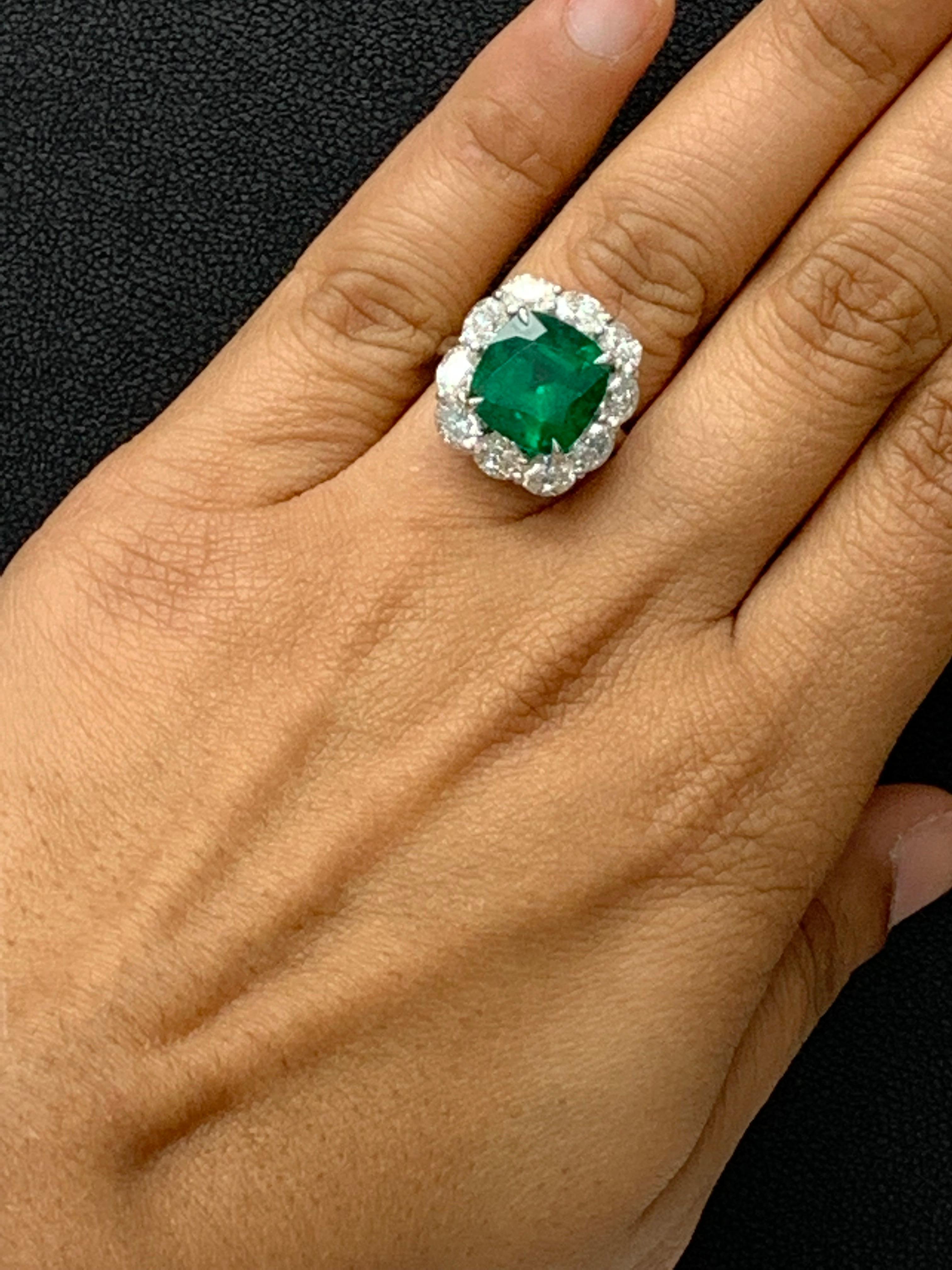 Certified 6.58 Carat Cushion Cut Emerald Diamond Ring in Platinum For Sale 5