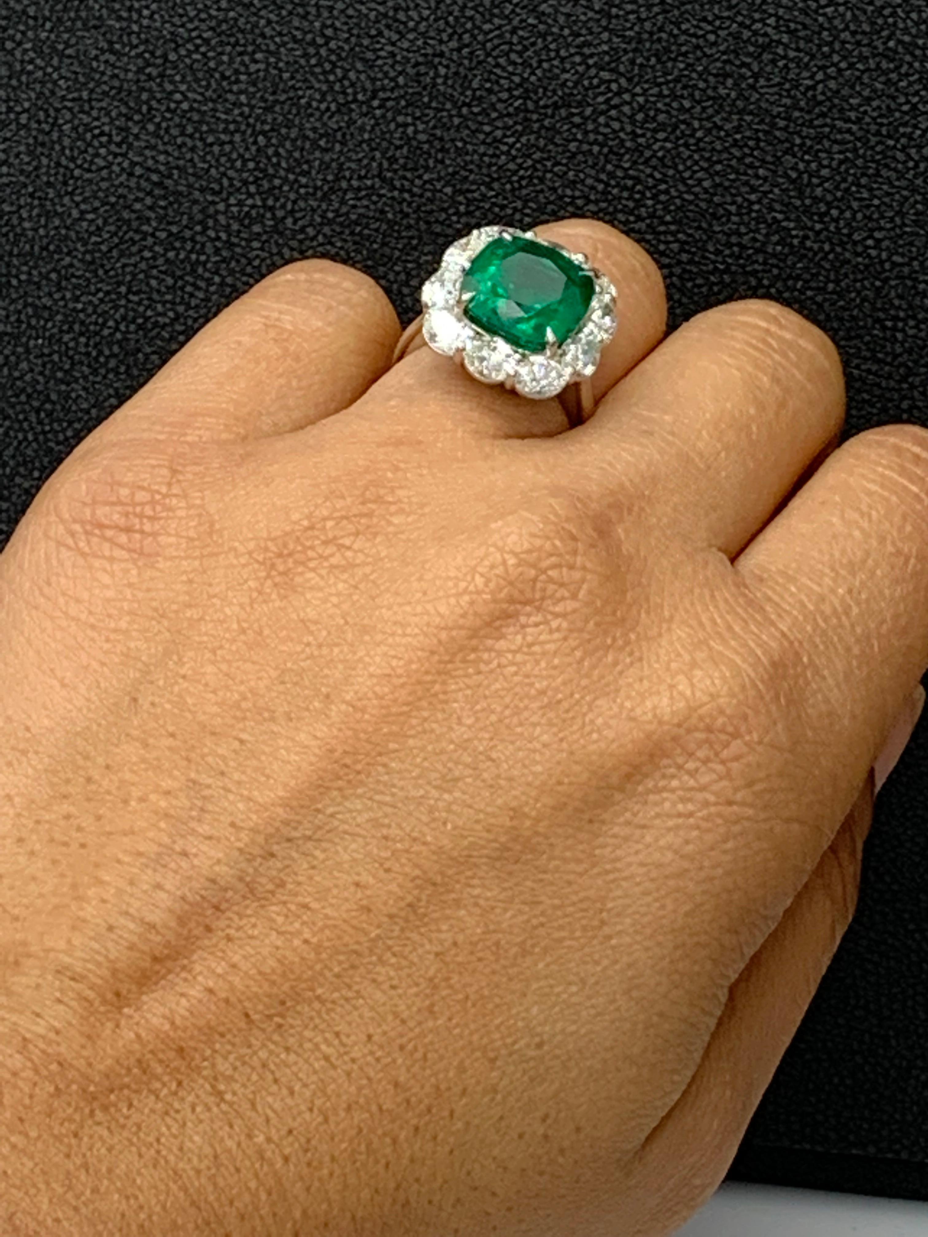 Certified 6.58 Carat Cushion Cut Emerald Diamond Ring in Platinum For Sale 6