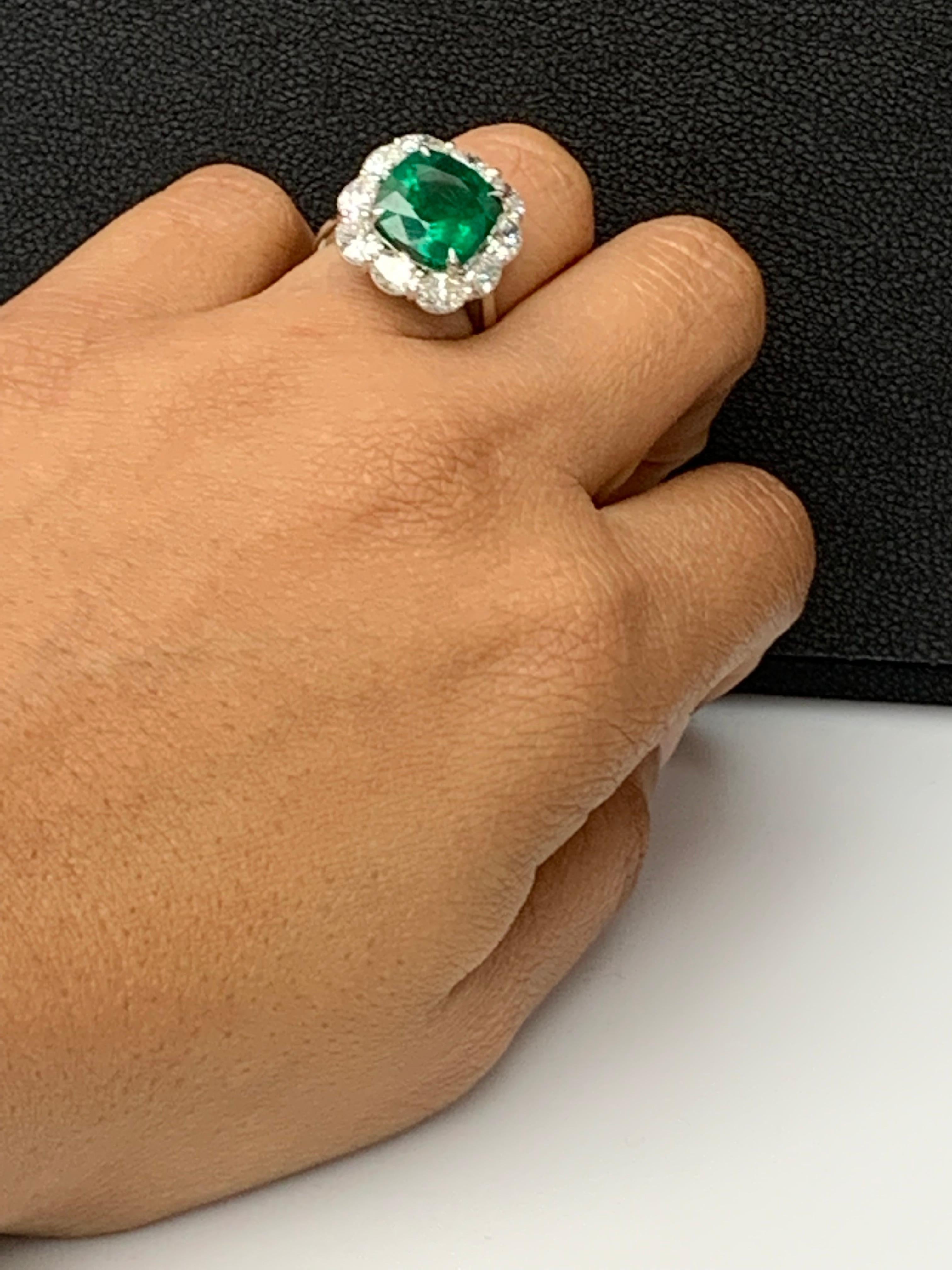 Certified 6.58 Carat Cushion Cut Emerald Diamond Ring in Platinum For Sale 7