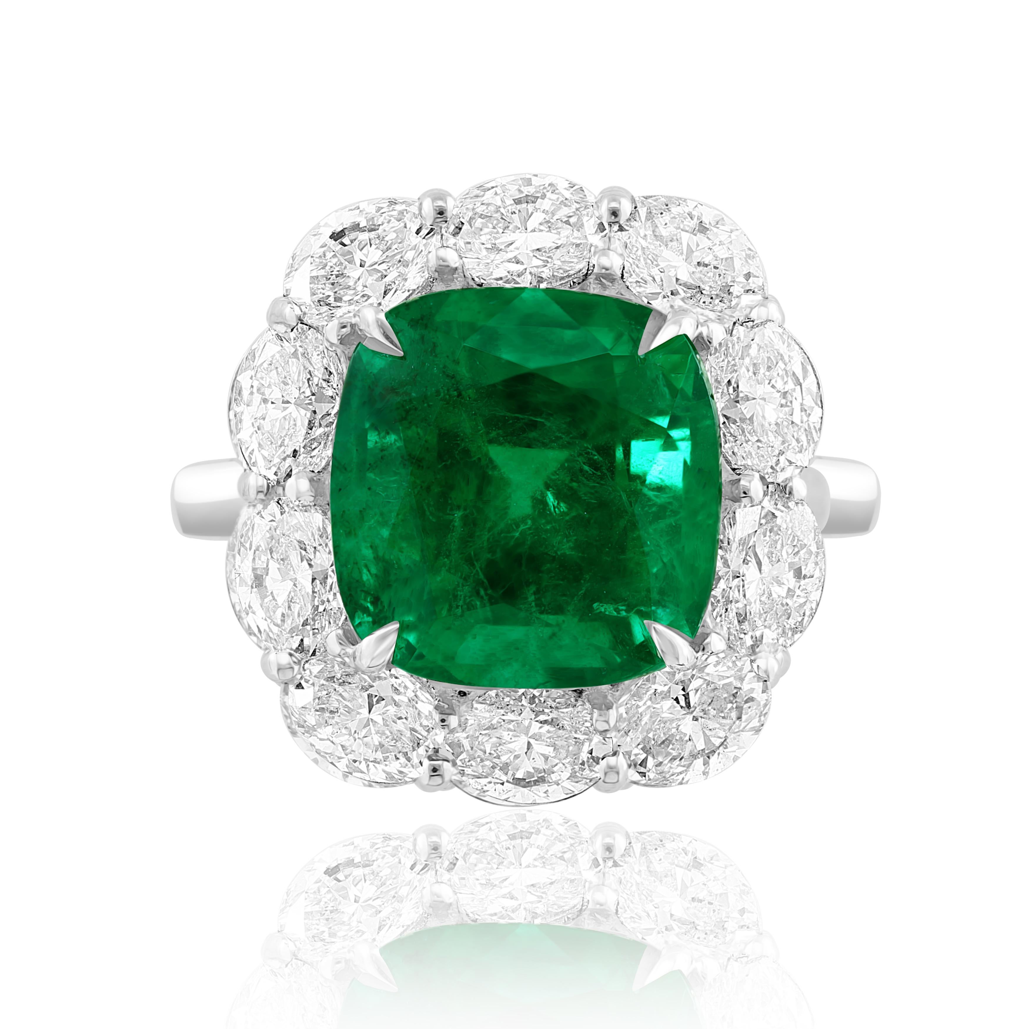 Modern Certified 6.58 Carat Cushion Cut Emerald Diamond Ring in Platinum For Sale