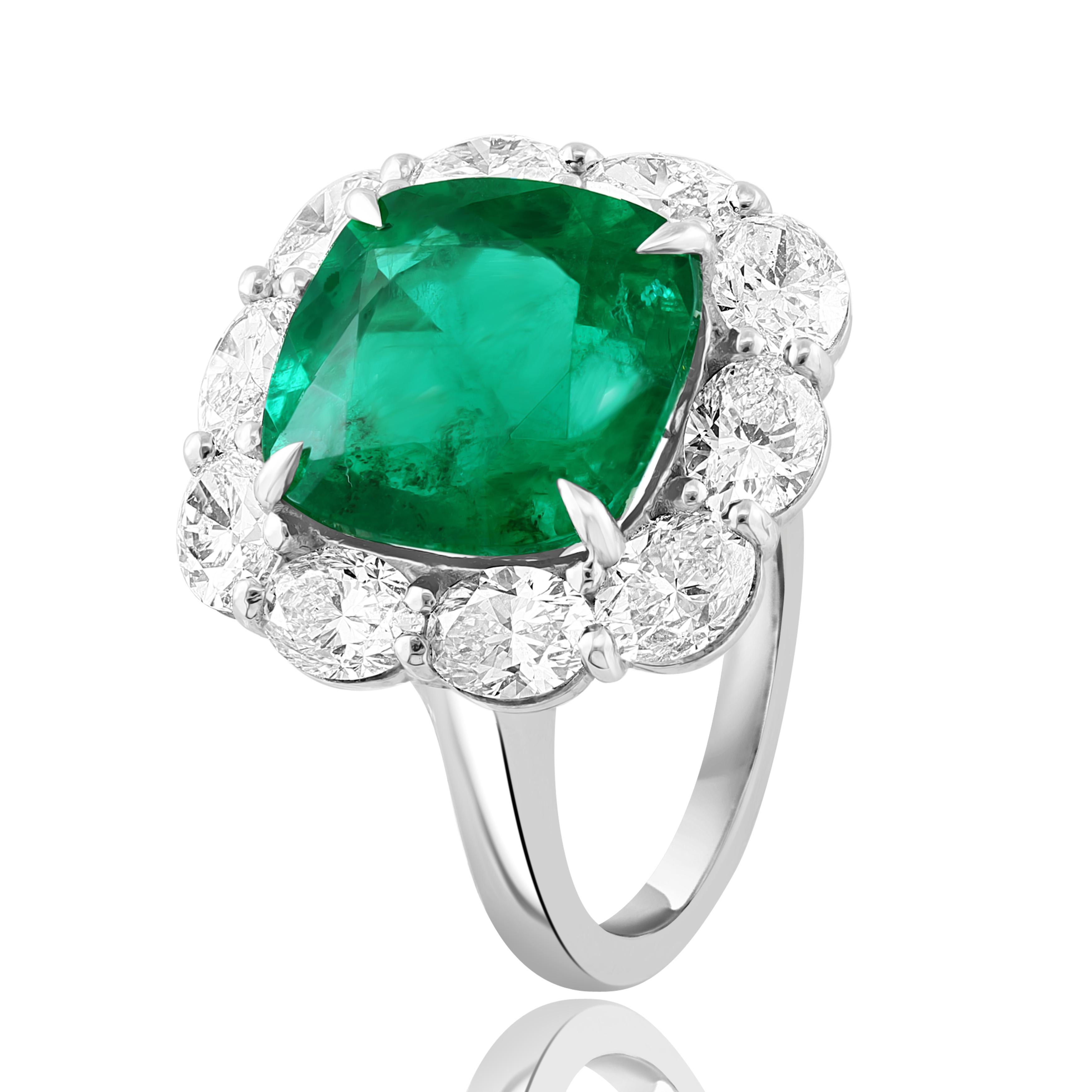 Certified 6.58 Carat Cushion Cut Emerald Diamond Ring in Platinum In New Condition For Sale In NEW YORK, NY