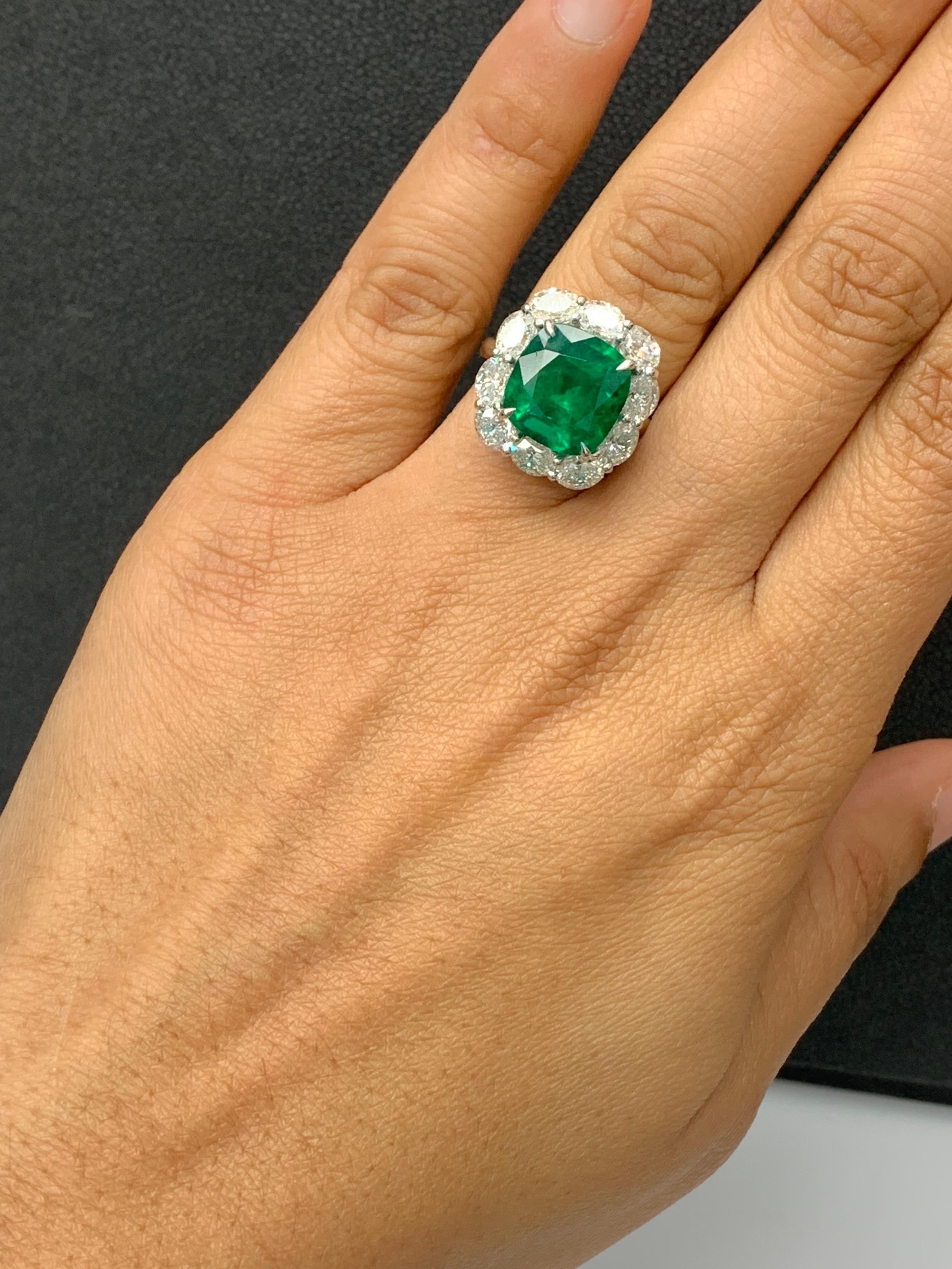 Women's Certified 6.58 Carat Cushion Cut Emerald Diamond Ring in Platinum For Sale
