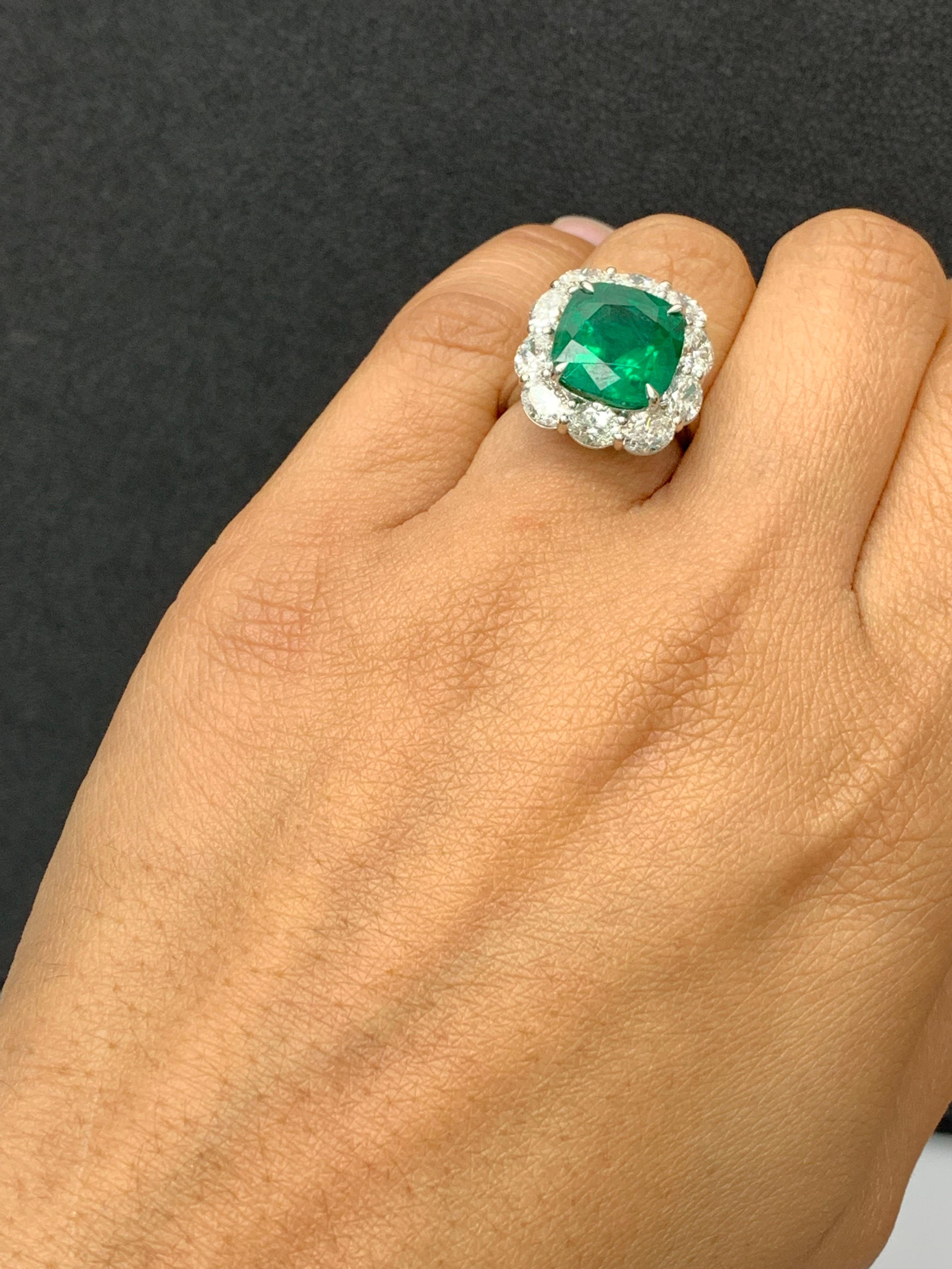 Certified 6.58 Carat Cushion Cut Emerald Diamond Ring in Platinum For Sale 1