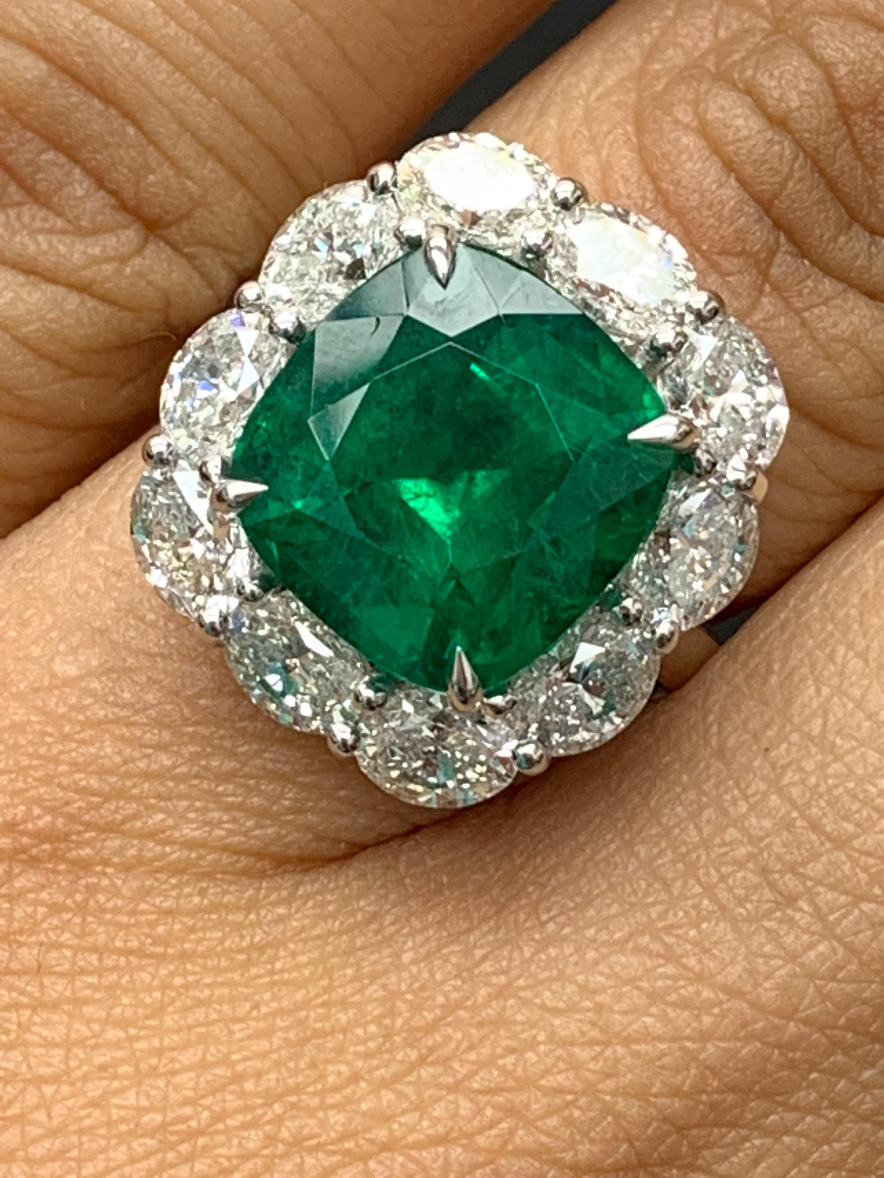 Certified 6.58 Carat Cushion Cut Emerald Diamond Ring in Platinum For Sale 4