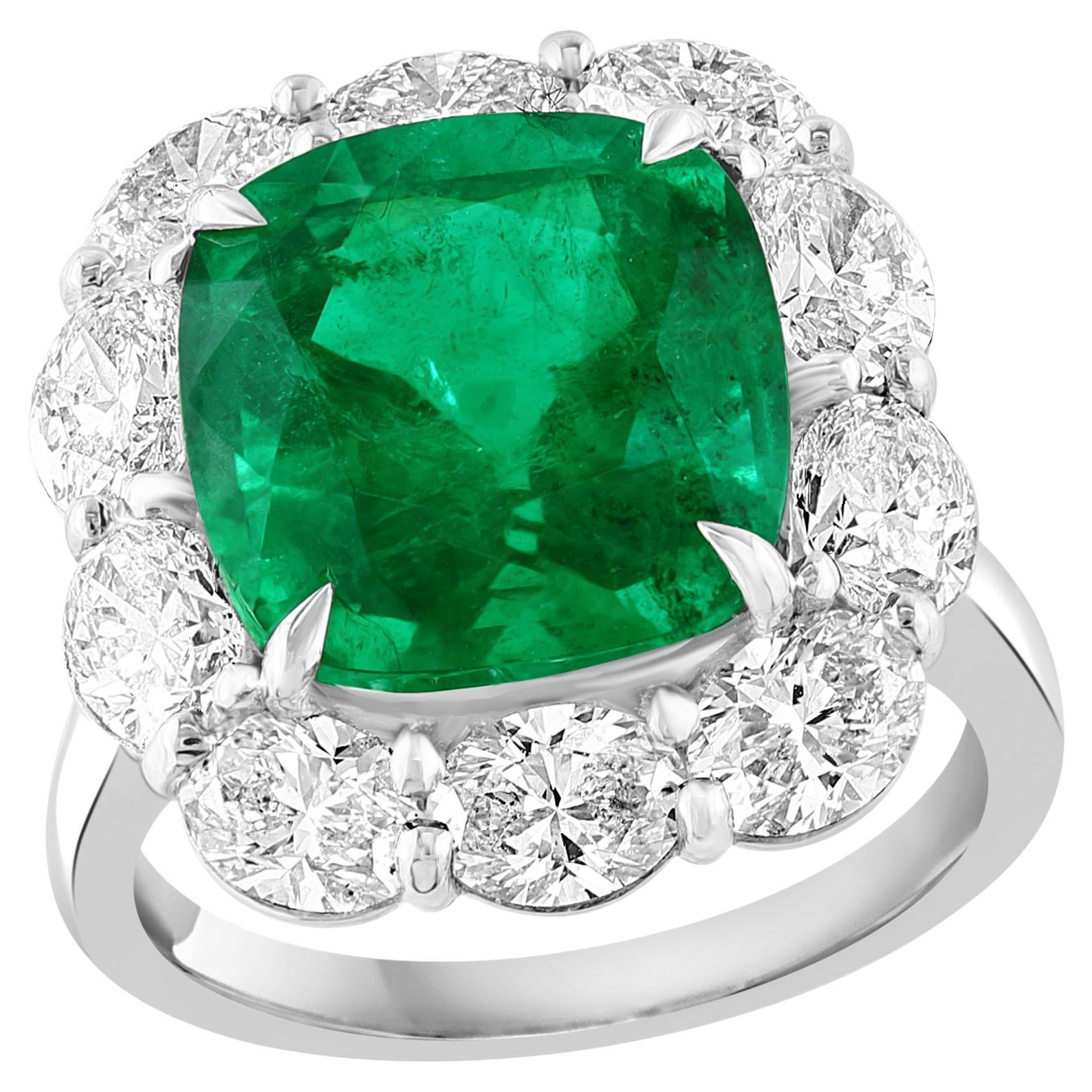 Certified 6.58 Carat Cushion Cut Emerald Diamond Ring in Platinum For Sale