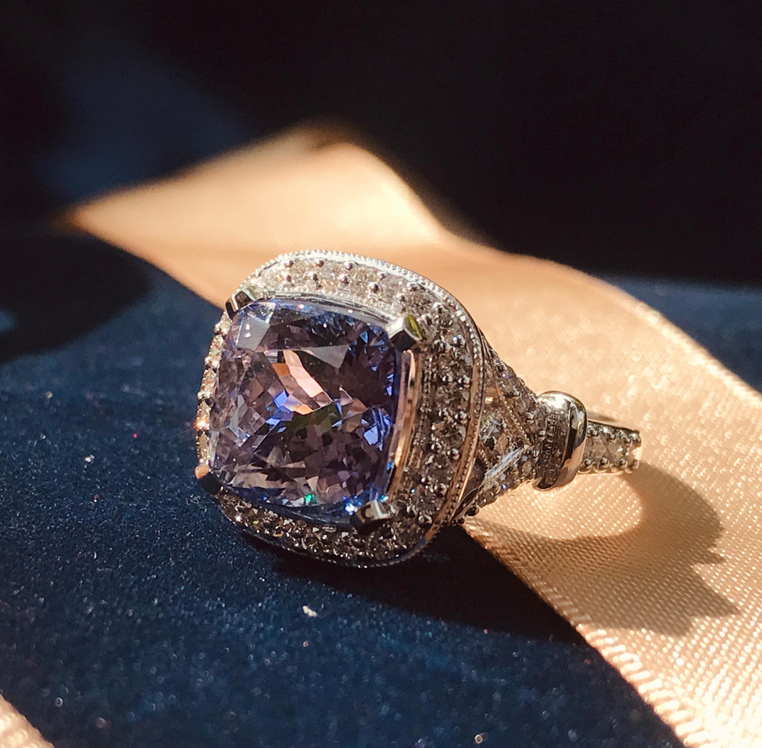 Art Deco Certified 6.68 Ct. Cushion Tanzanite Diamond Engagement Ring in 18K White Gold For Sale
