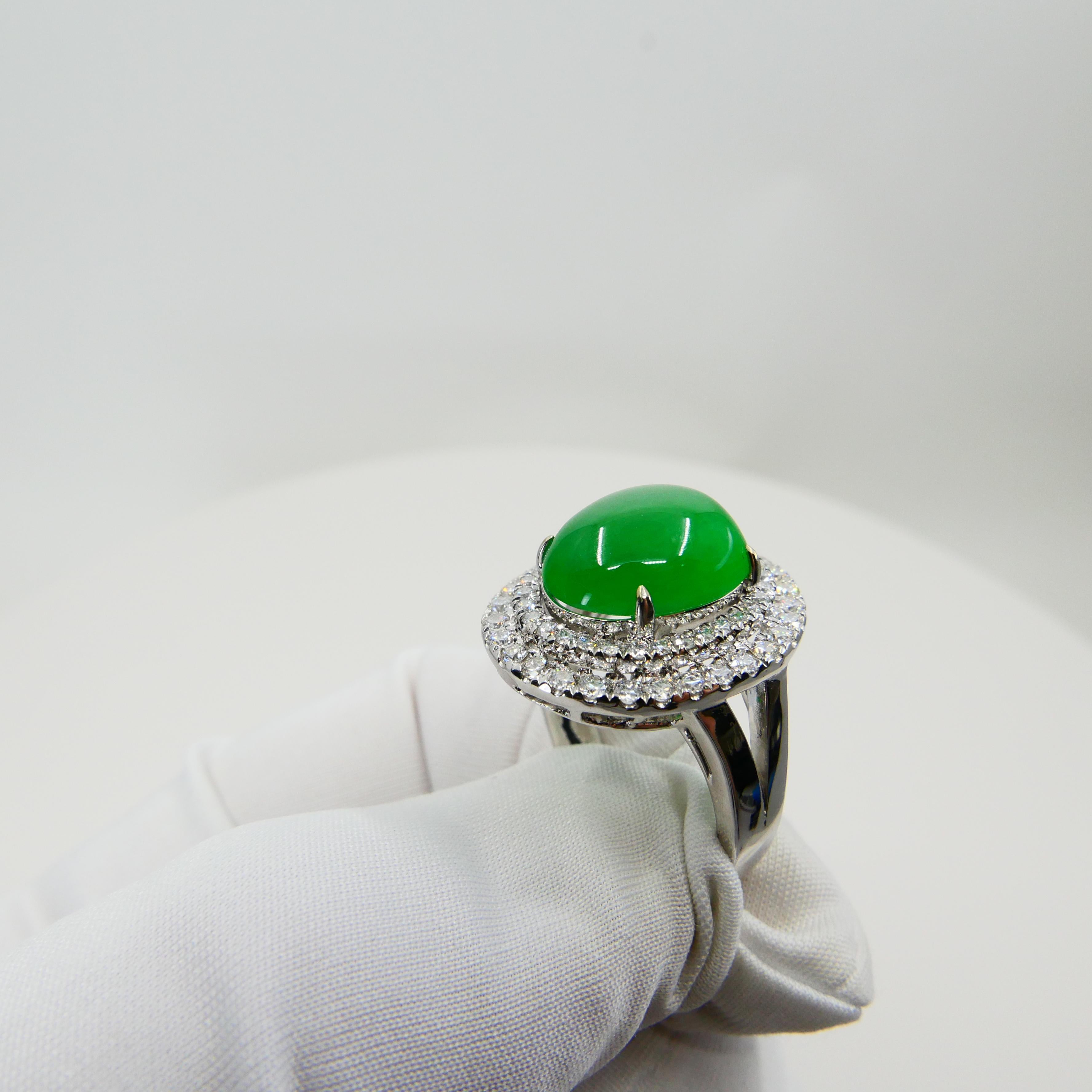 Certified 6.71 Cts Jade & Diamond Cocktail Ring. XXL. Apple Green With High Dome In New Condition For Sale In Hong Kong, HK