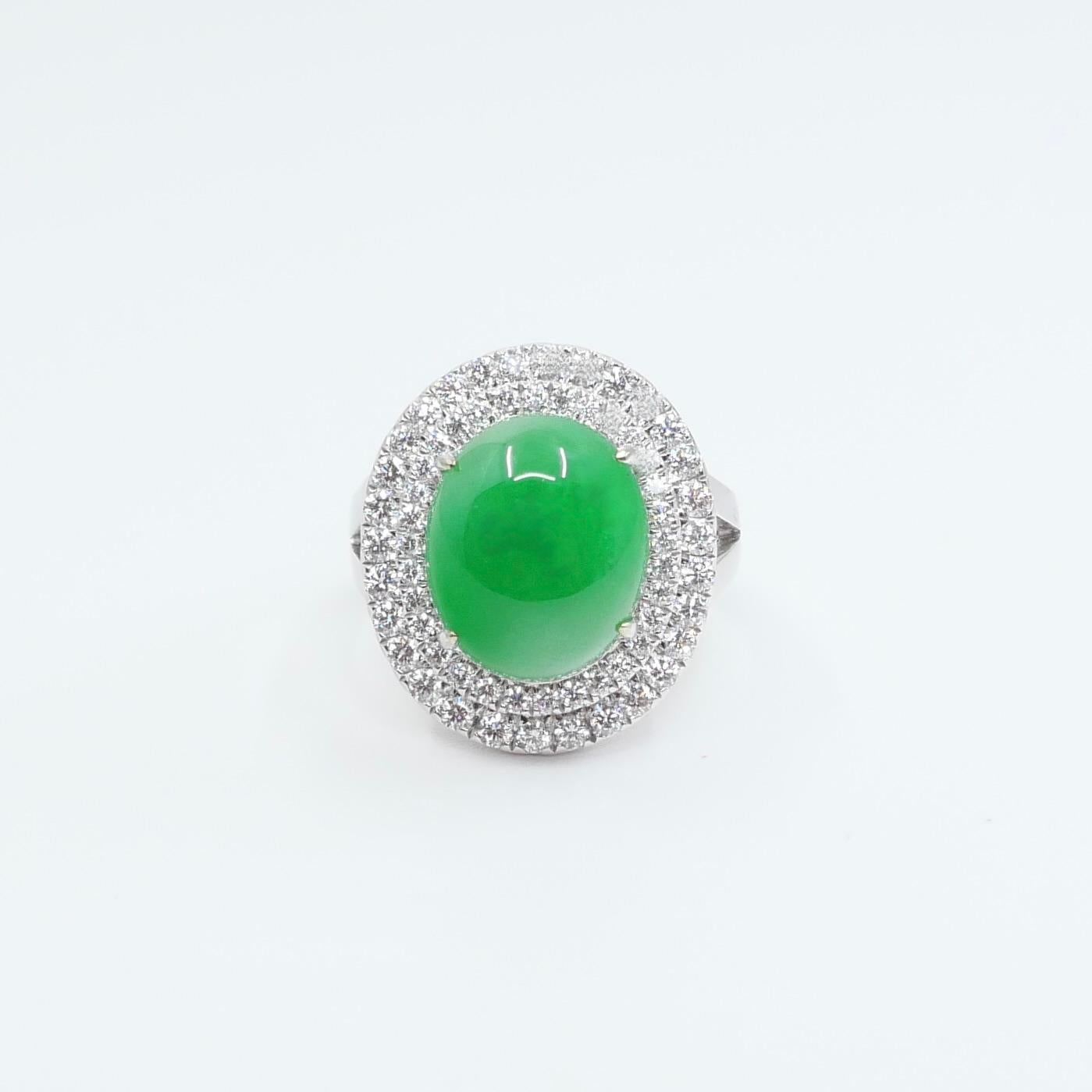 Certified 6.71 Cts Jade & Diamond Cocktail Ring. XXL. Apple Green With High Dome For Sale 6