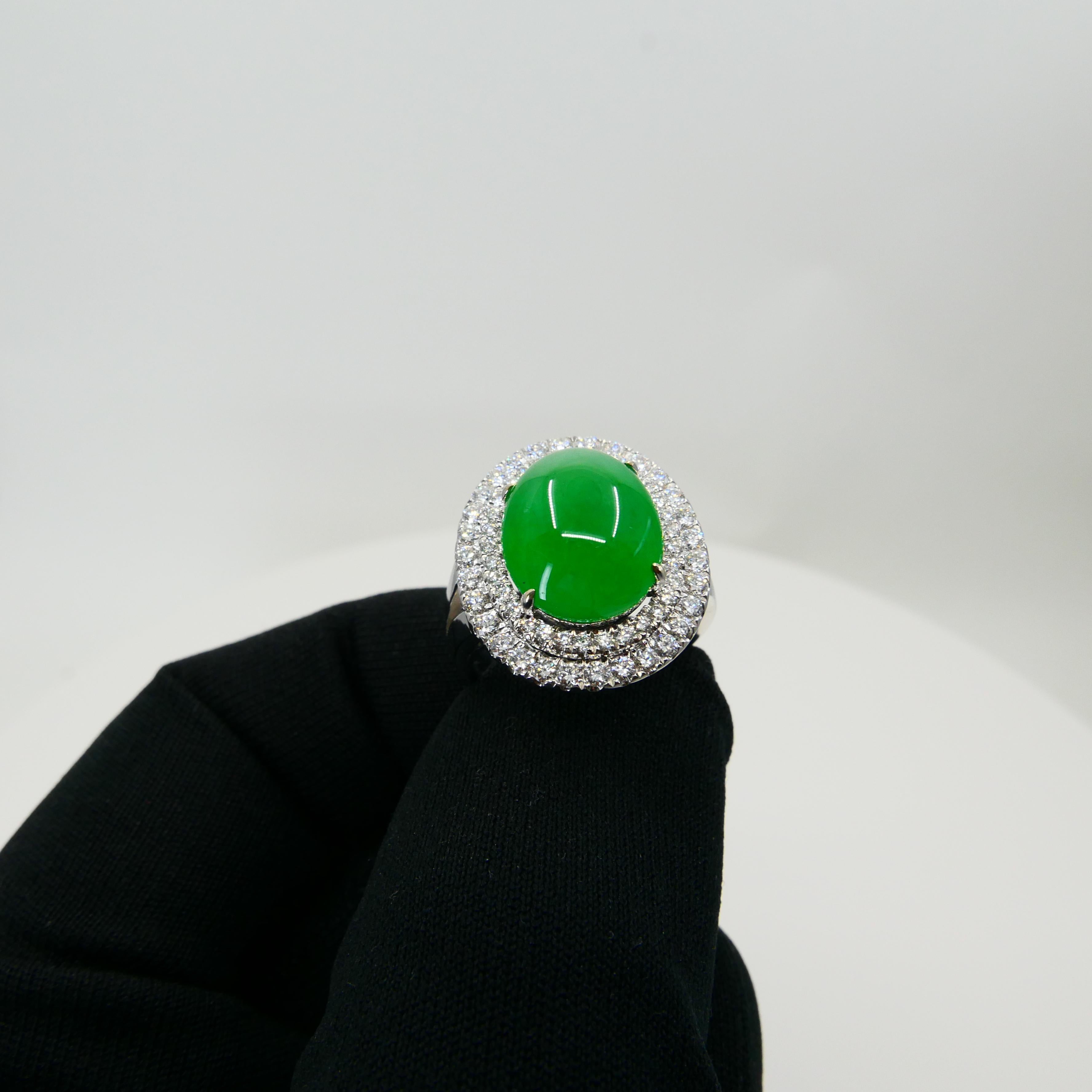 Women's Certified 6.71 Cts Jade & Diamond Cocktail Ring. XXL. Apple Green With High Dome For Sale