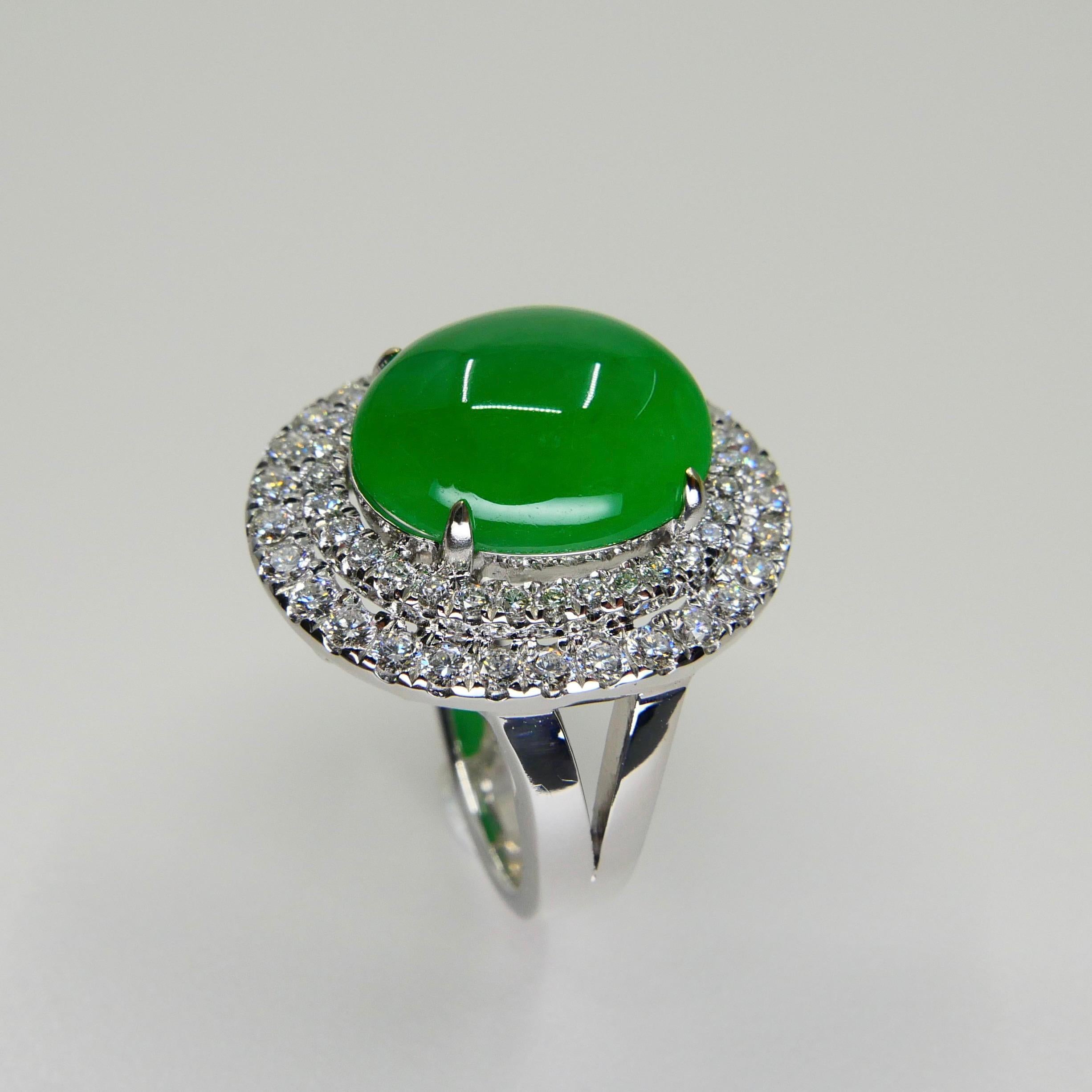 Certified 6.71 Cts Jade & Diamond Cocktail Ring. XXL. Apple Green With High Dome For Sale 2