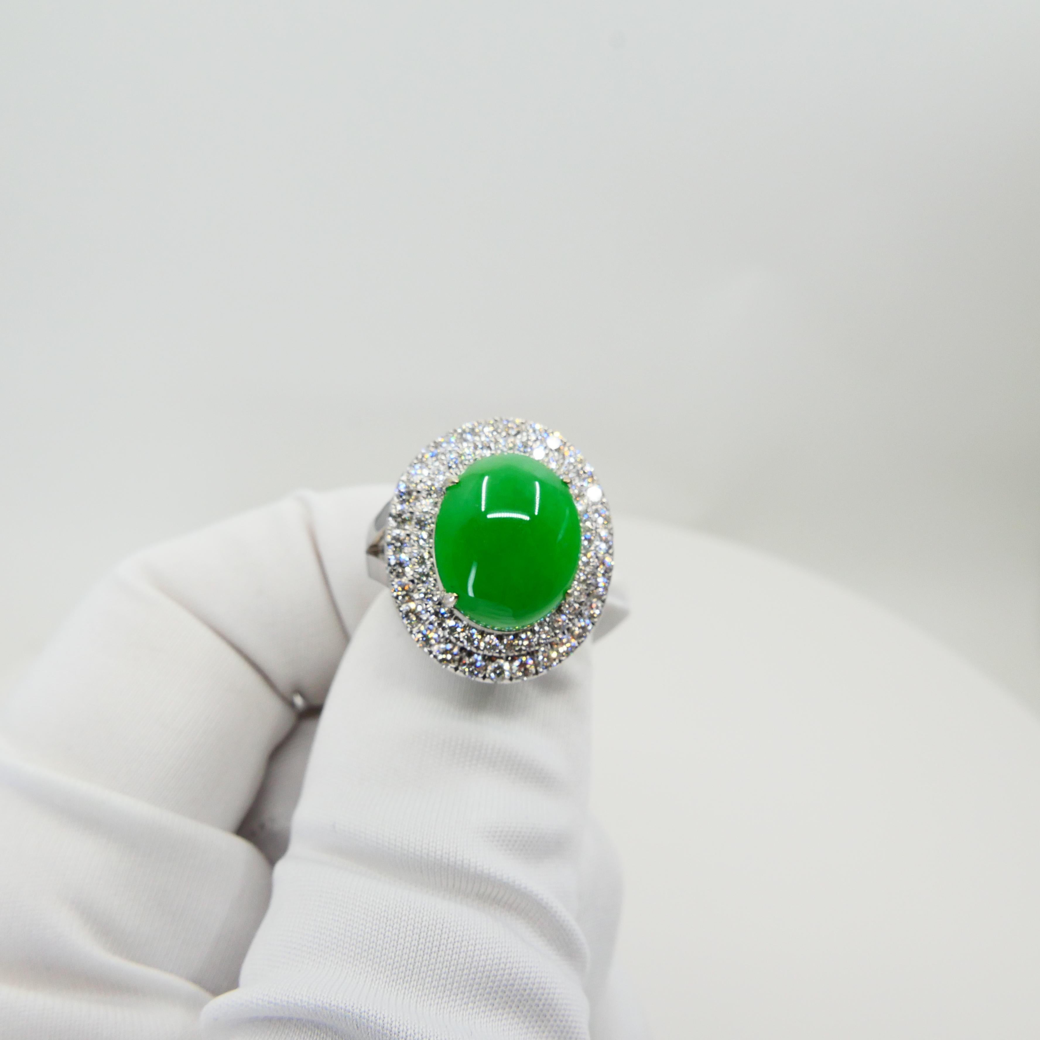 Certified 6.71 Cts Jade & Diamond Cocktail Ring. XXL. Apple Green With High Dome For Sale 4