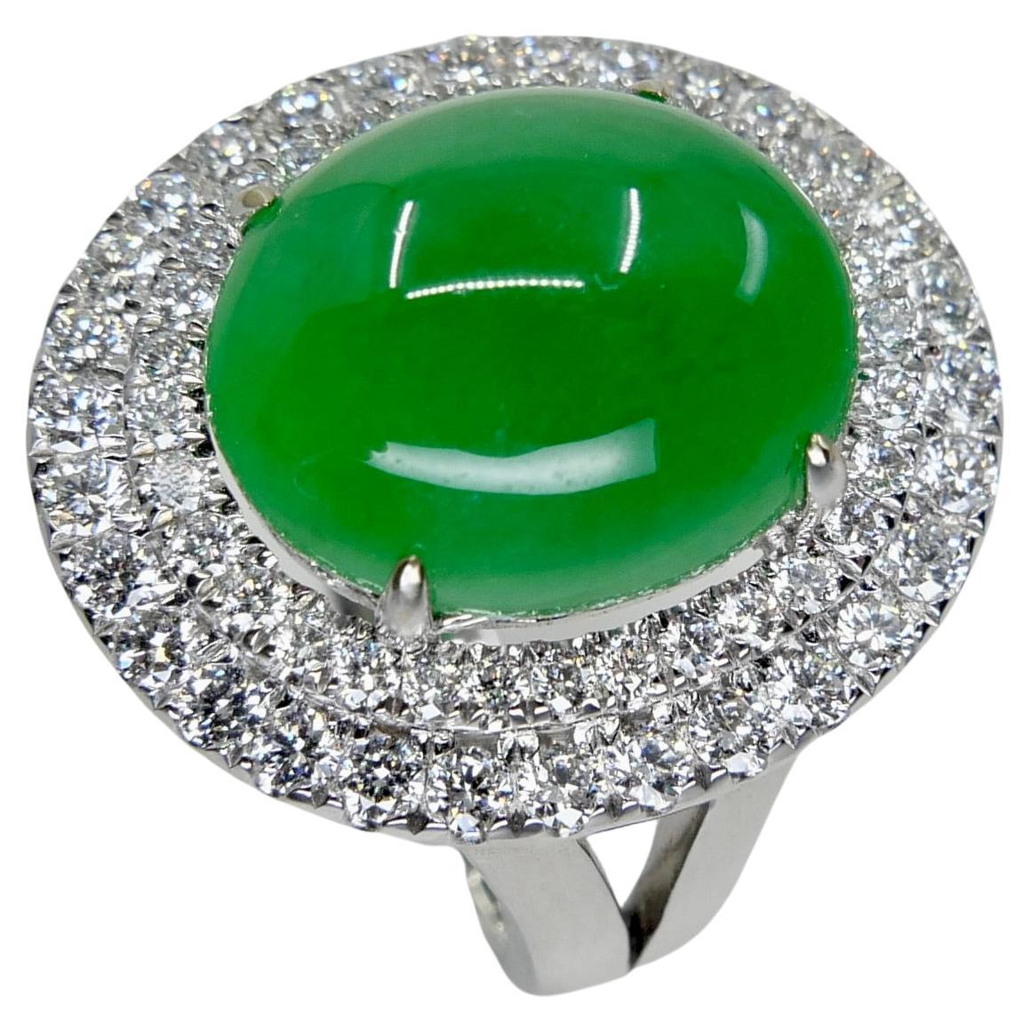 Cabochon Certified 6.71 Cts Jade & Diamond Cocktail Ring. XXL. Apple Green With High Dome For Sale