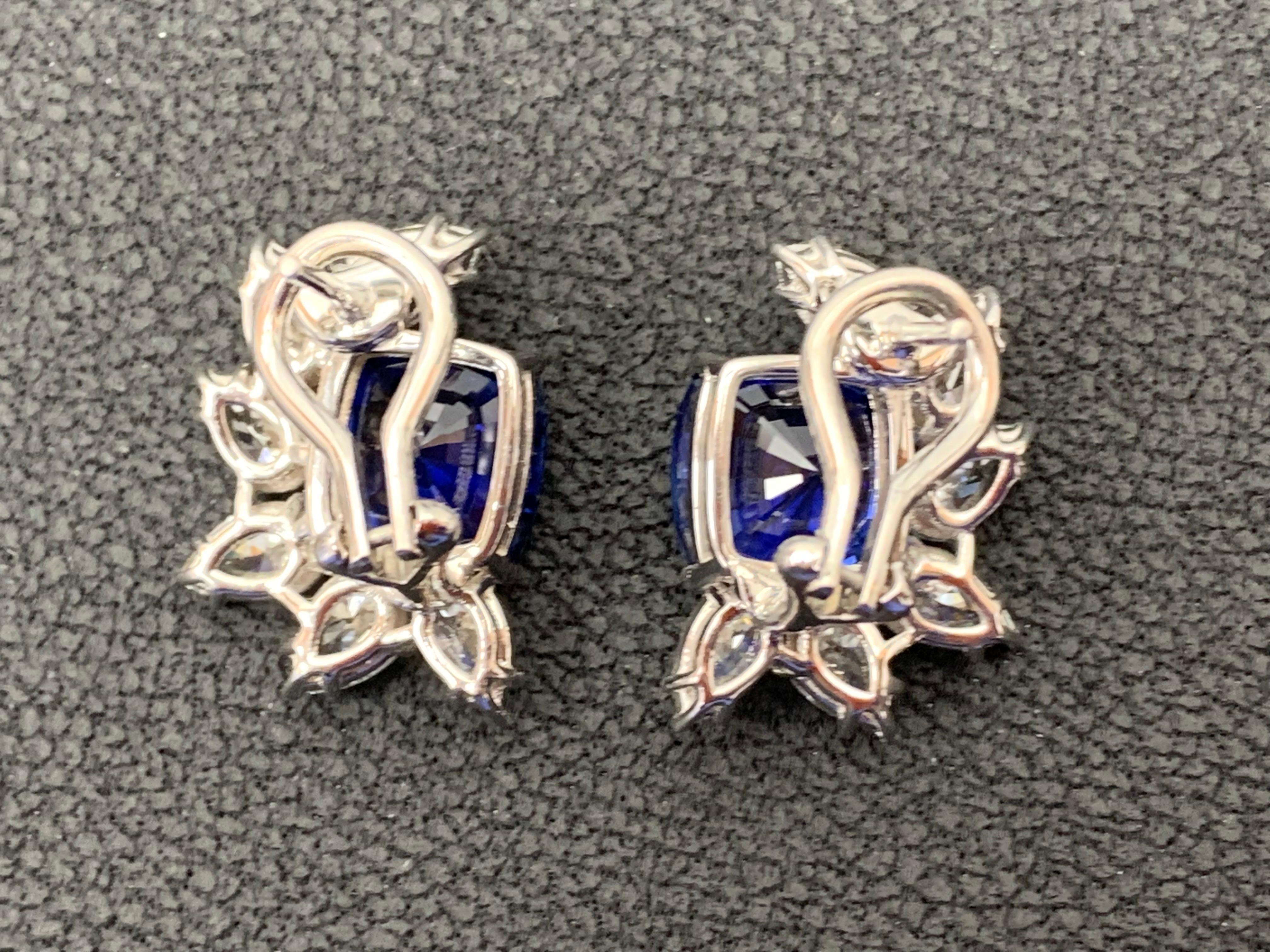 Modern Certified 7.55 Carat Cushion Cut Sapphire Diamond Cluster Earrings in 18K  For Sale