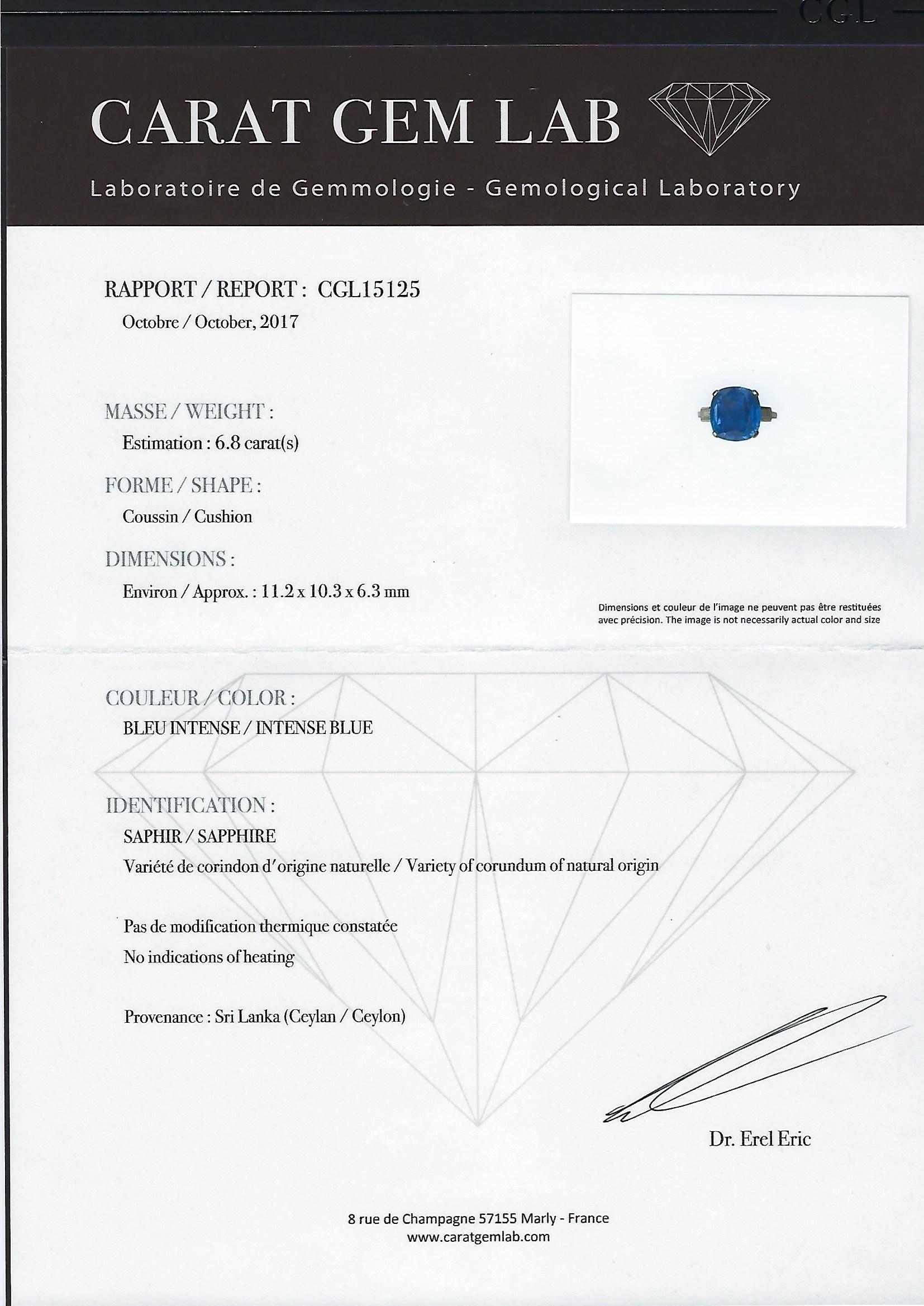 Certified 6.8 Carat Untreated Sapphire Platinum Engagement Ring 4