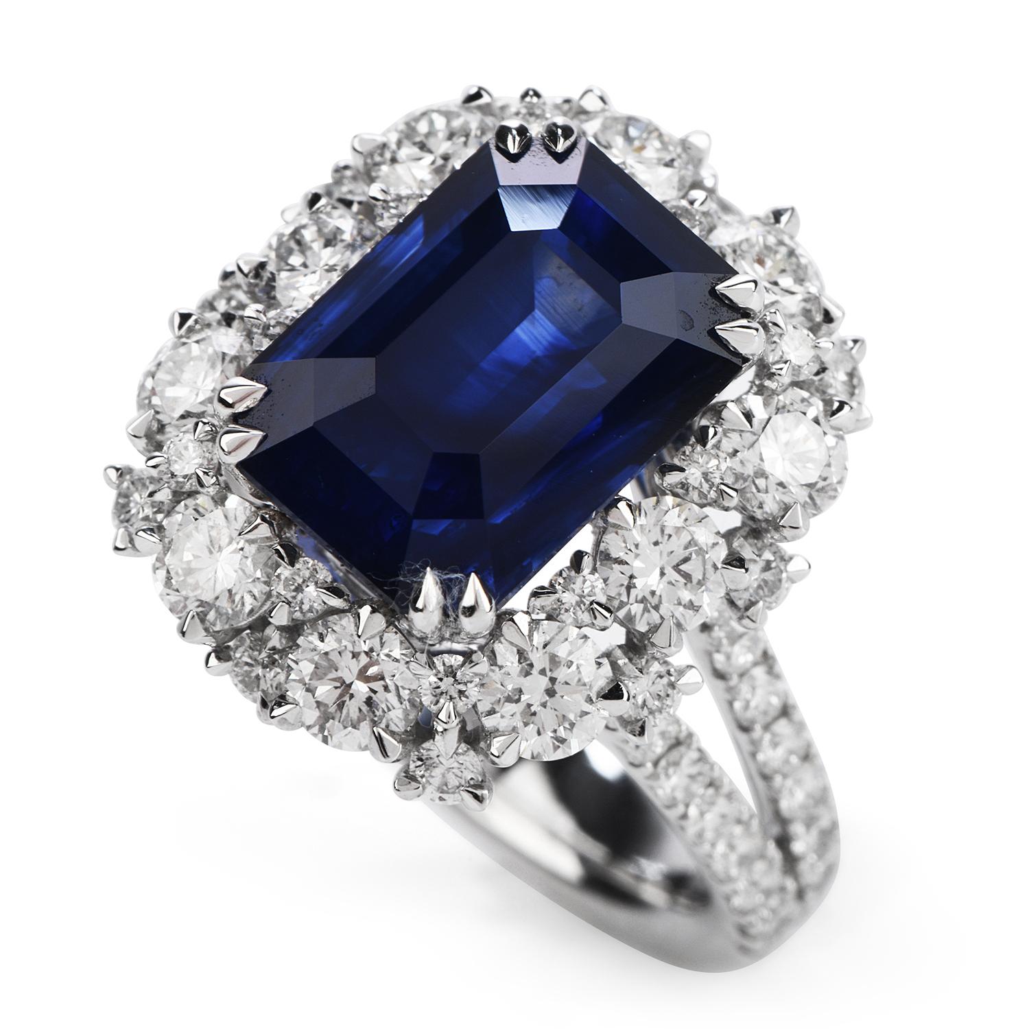 Vivid Blue Sapphire & Sparkly Diamond Cocktail Engagement ring, 

Crafted in solid 18K white gold, the center is adorned by a GRS certified Blue Royal Ceylan Genuine Sapphire, octagonal shaped, prong cut, weighing in a total of 6.80