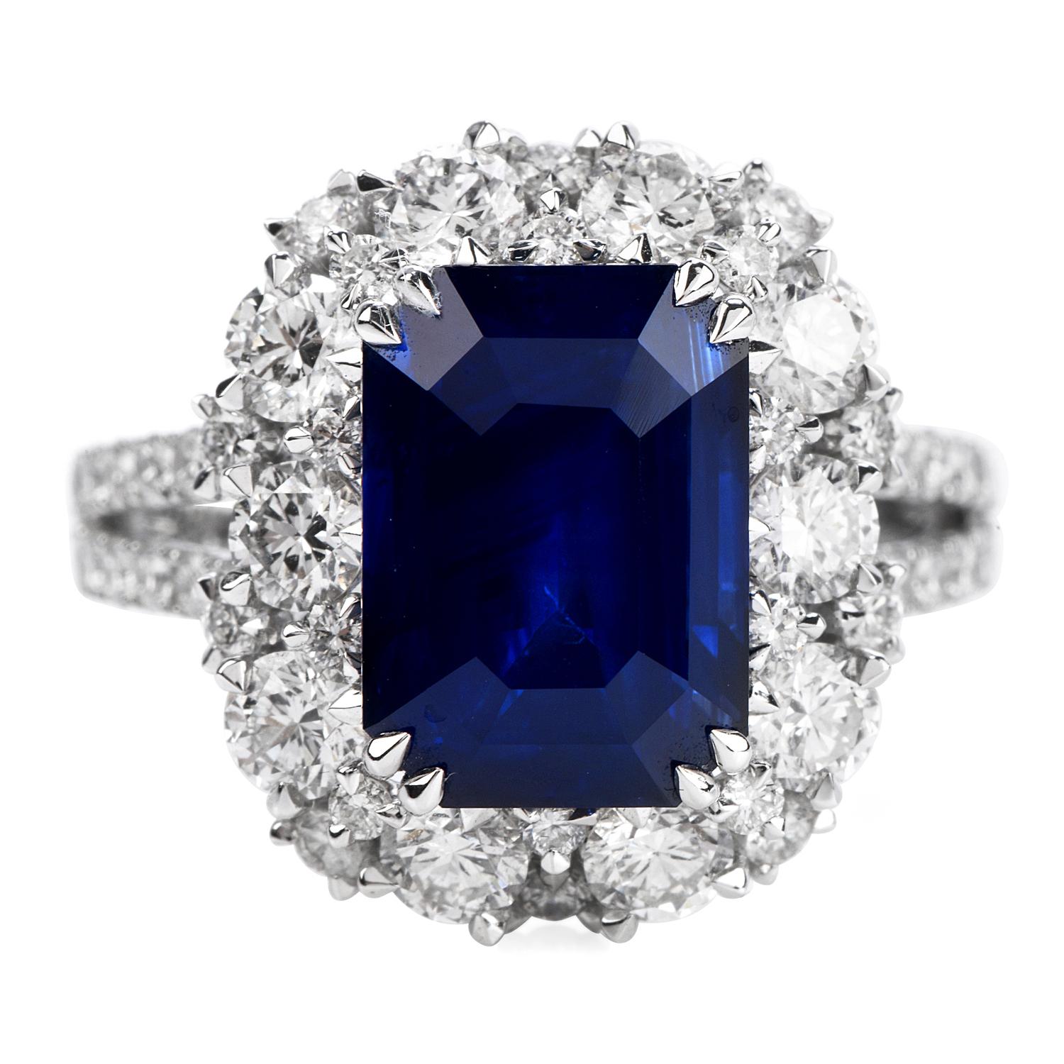 Modern Certified 6.80 Carat Royal Blue Sapphire Diamond 18k Gold Halo Cocktail Ring