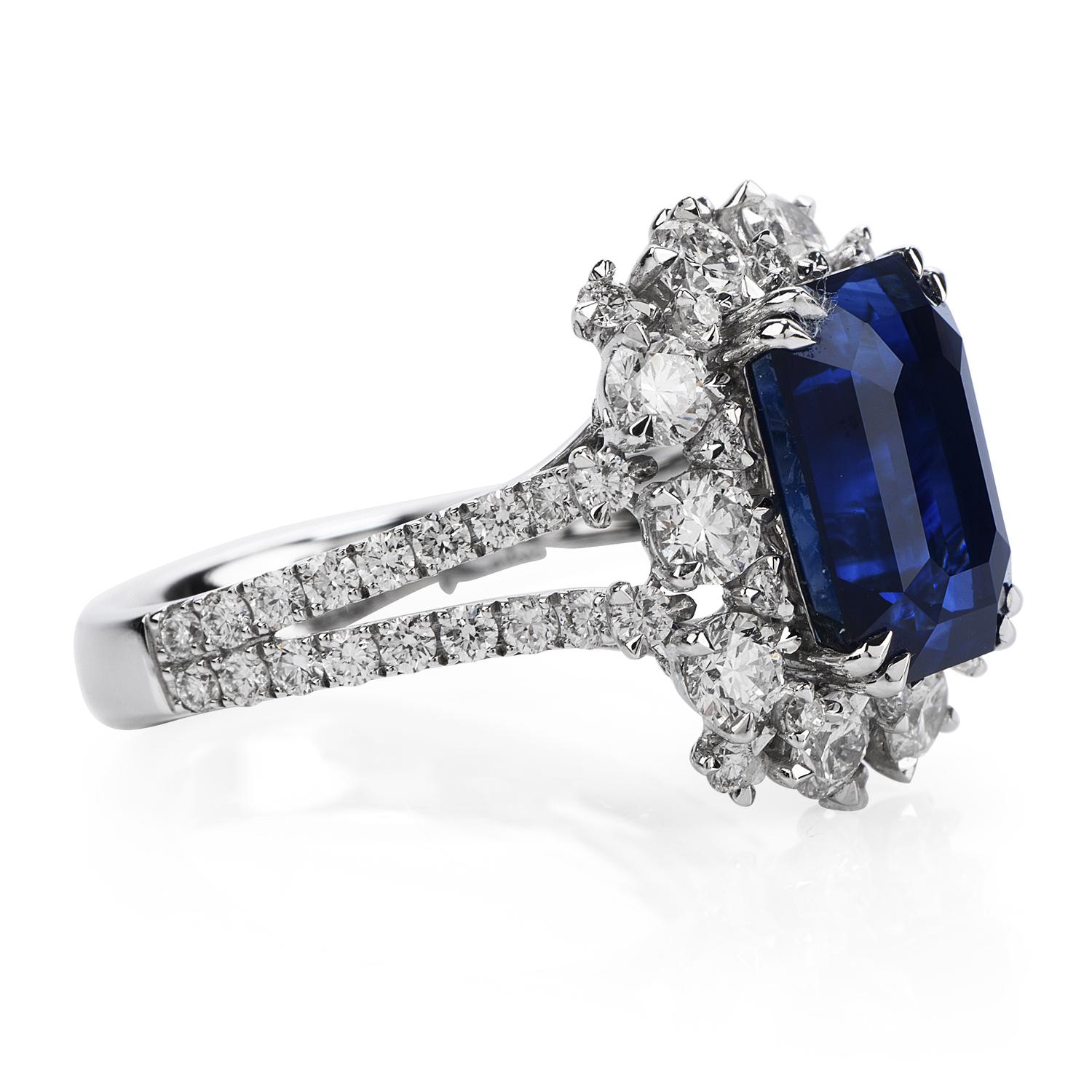 Emerald Cut Certified 6.80 Carat Royal Blue Sapphire Diamond 18k Gold Halo Cocktail Ring