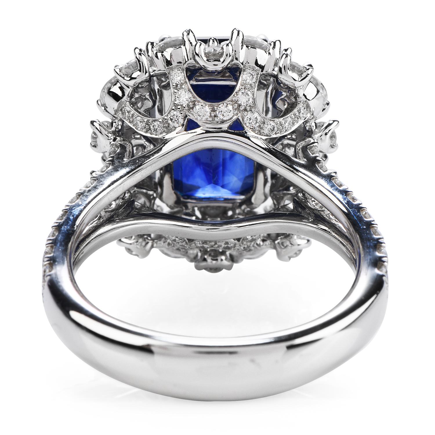 Certified 6.80 Carat Royal Blue Sapphire Diamond 18k Gold Halo Cocktail Ring In Excellent Condition In Miami, FL
