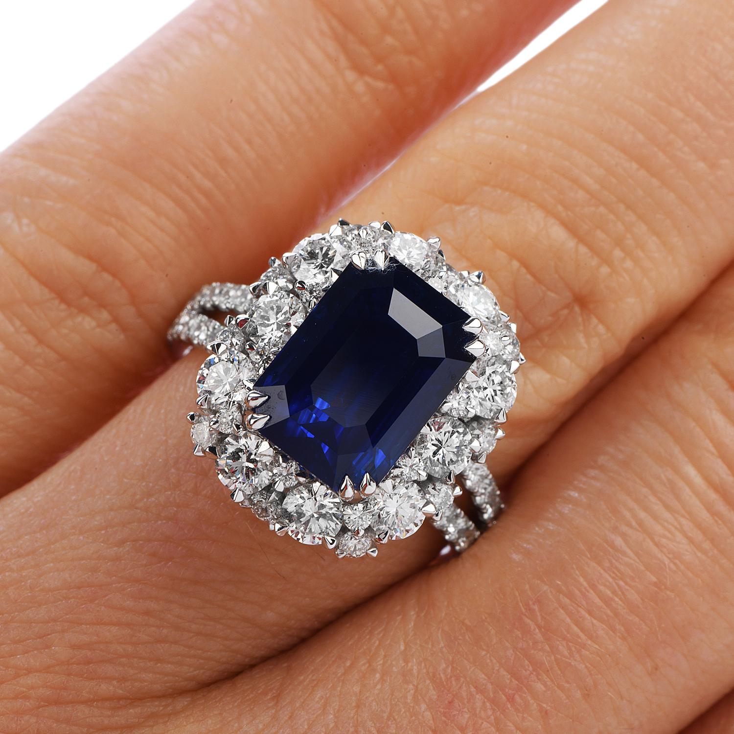 Women's or Men's Certified 6.80 Carat Royal Blue Sapphire Diamond 18k Gold Halo Cocktail Ring