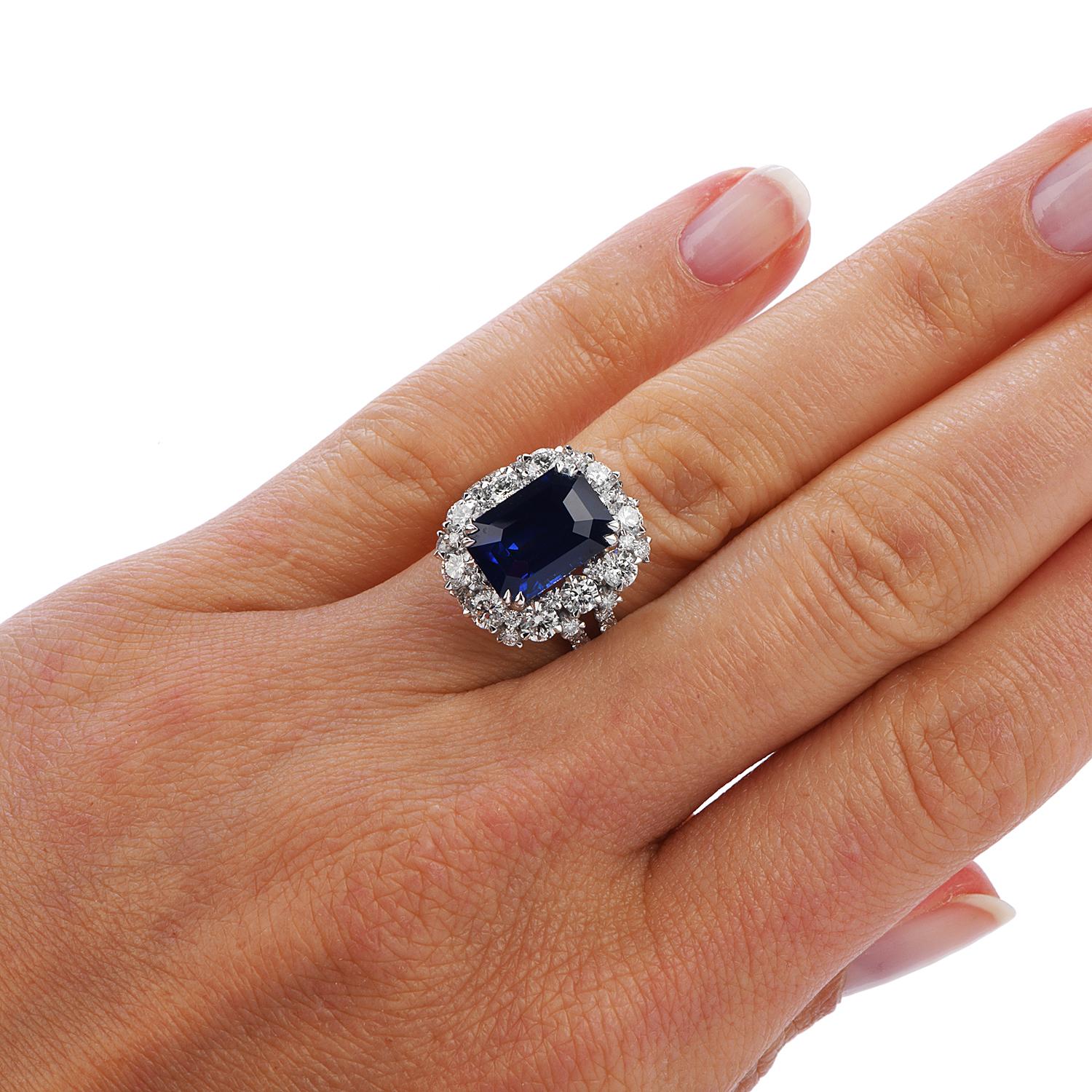 Certified 6.80 Carat Royal Blue Sapphire Diamond 18k Gold Halo Cocktail Ring 1
