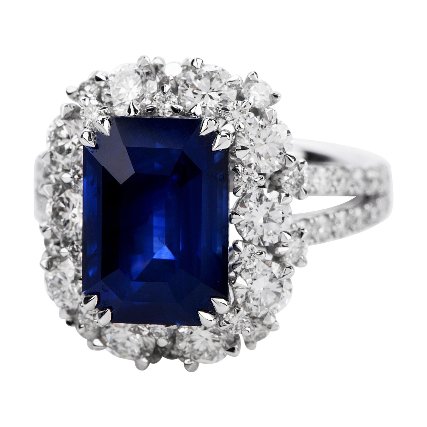 Certified 6.80 Carat Royal Blue Sapphire Diamond 18k Gold Halo Cocktail Ring