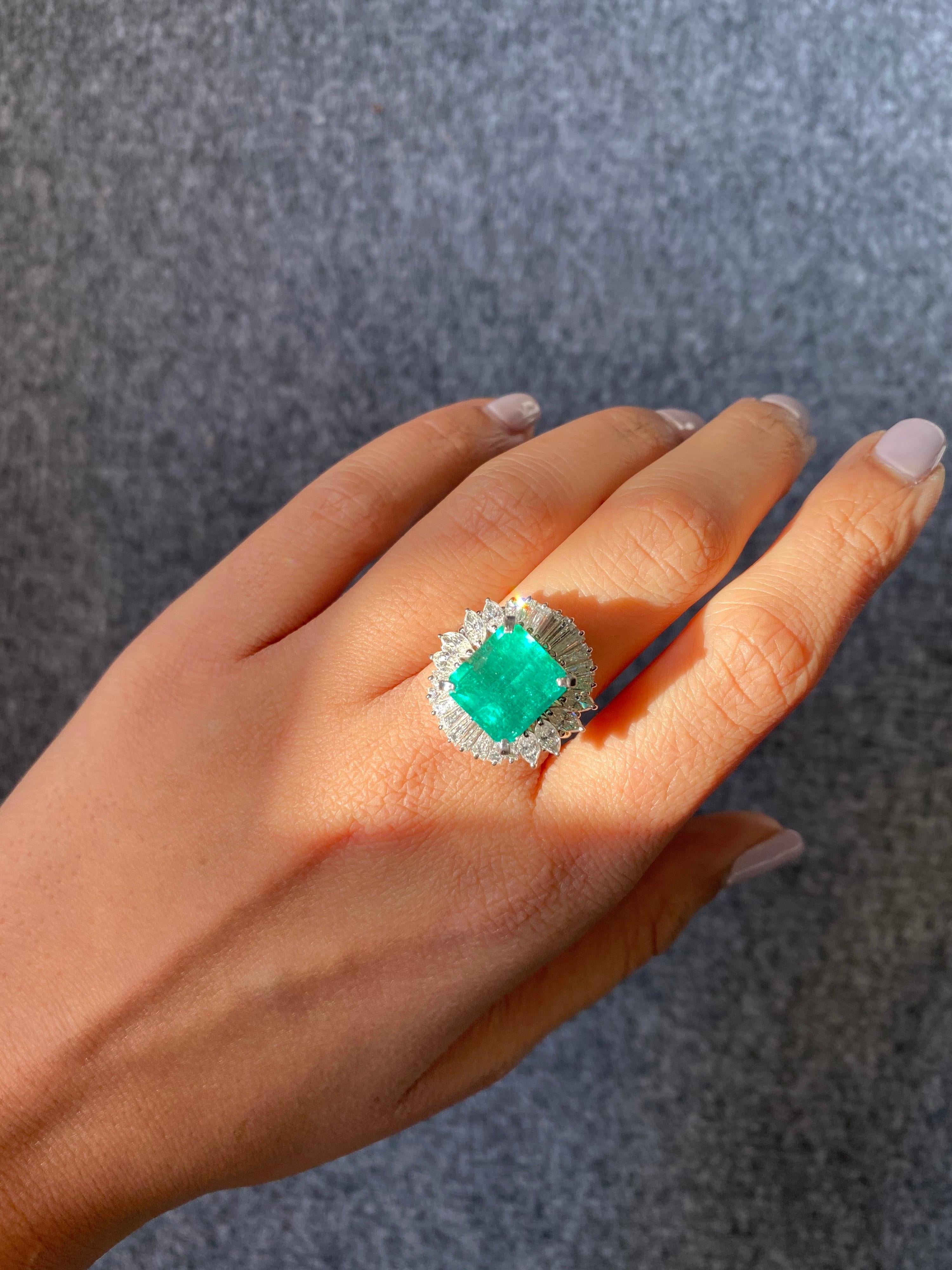 Emerald Cut Certified 6.85 Carat Colombian Emerald, Diamond and Platinum Ring