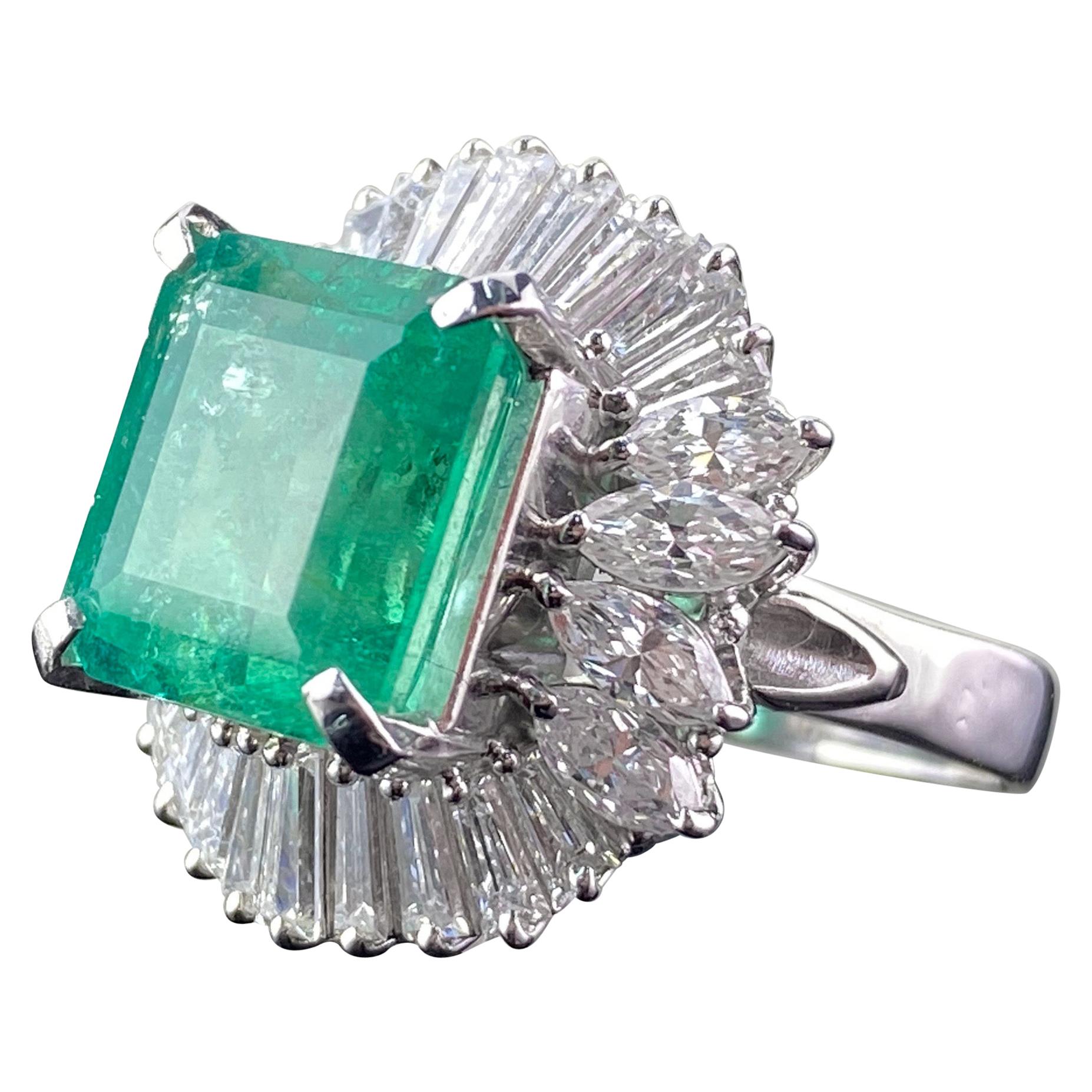 Certified 6.85 Carat Colombian Emerald, Diamond and Platinum Ring