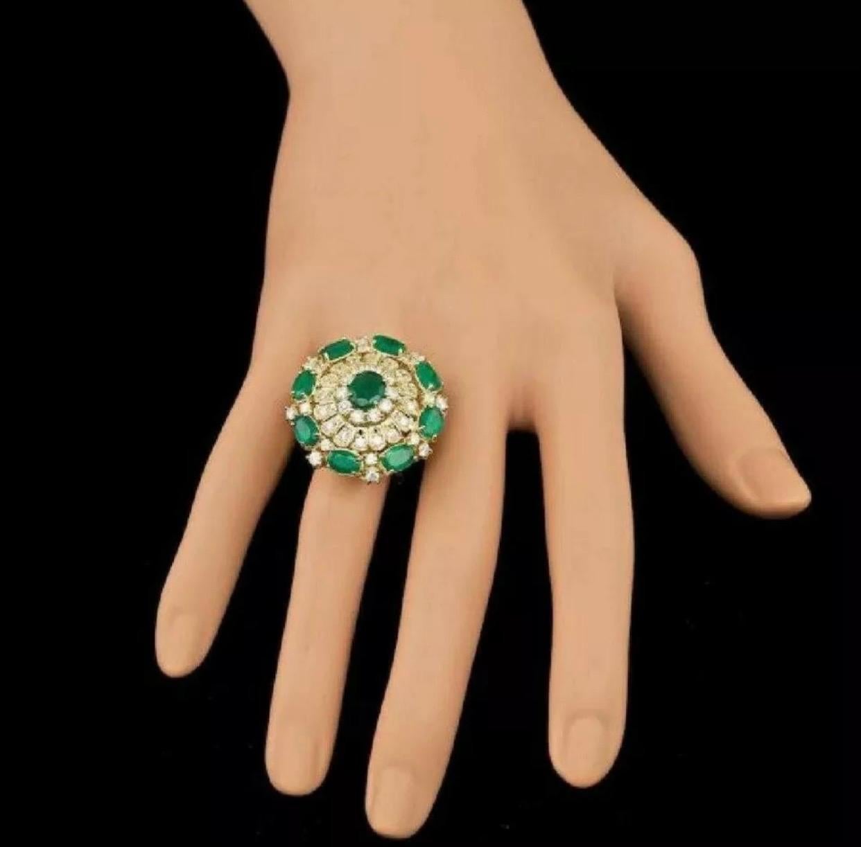 Women's or Men's Certified 6.86 Carat Emerald and Diamond Ballerina Cocktail Ring For Sale