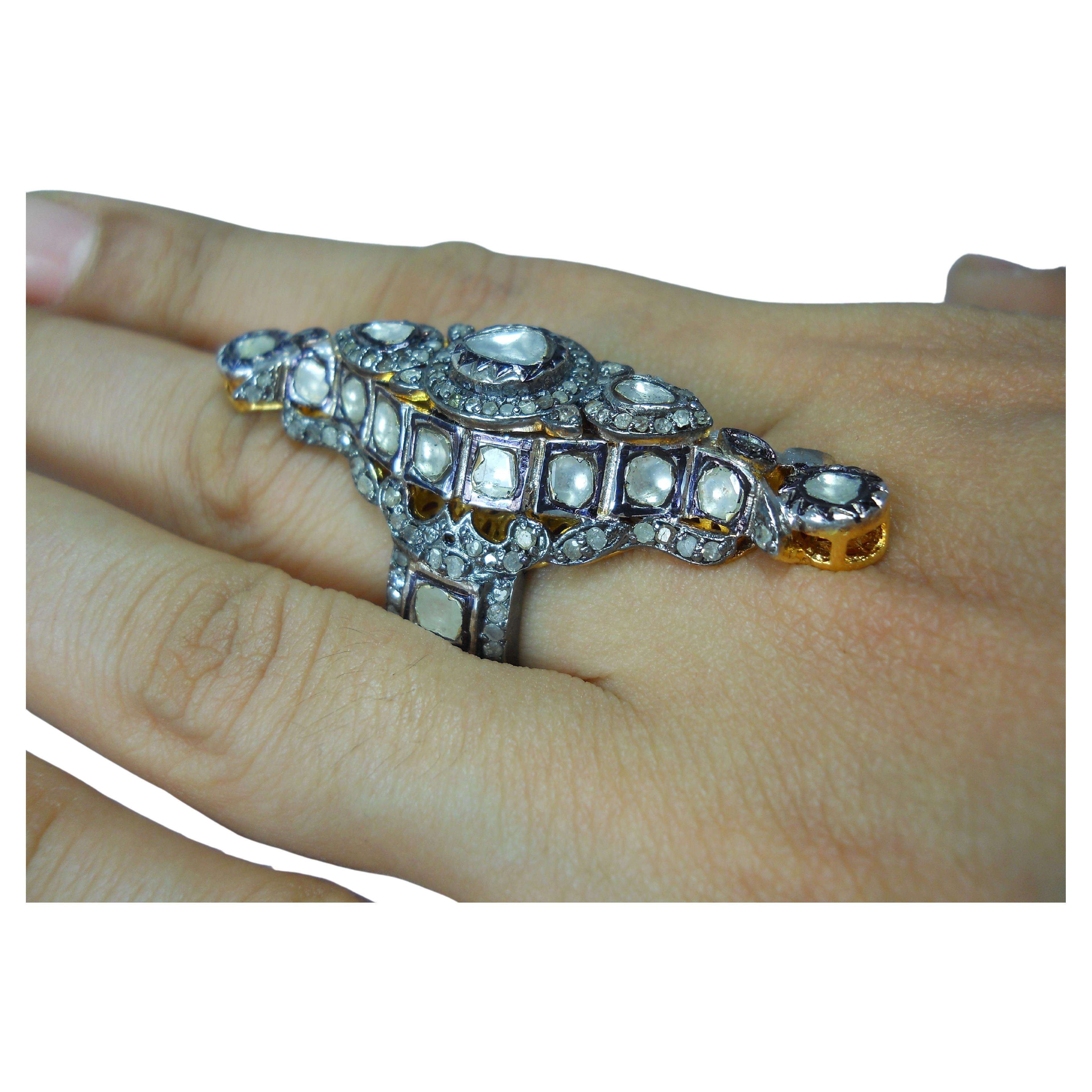 -Diamond type- Natural rose cut, natural uncut diamond

-Diamond color- white with a tint of grey

-Diamond weight- 6.90ctw

-Metal- 925 Sterling silver

Metal color- oxidized silver and yellow gold plated
