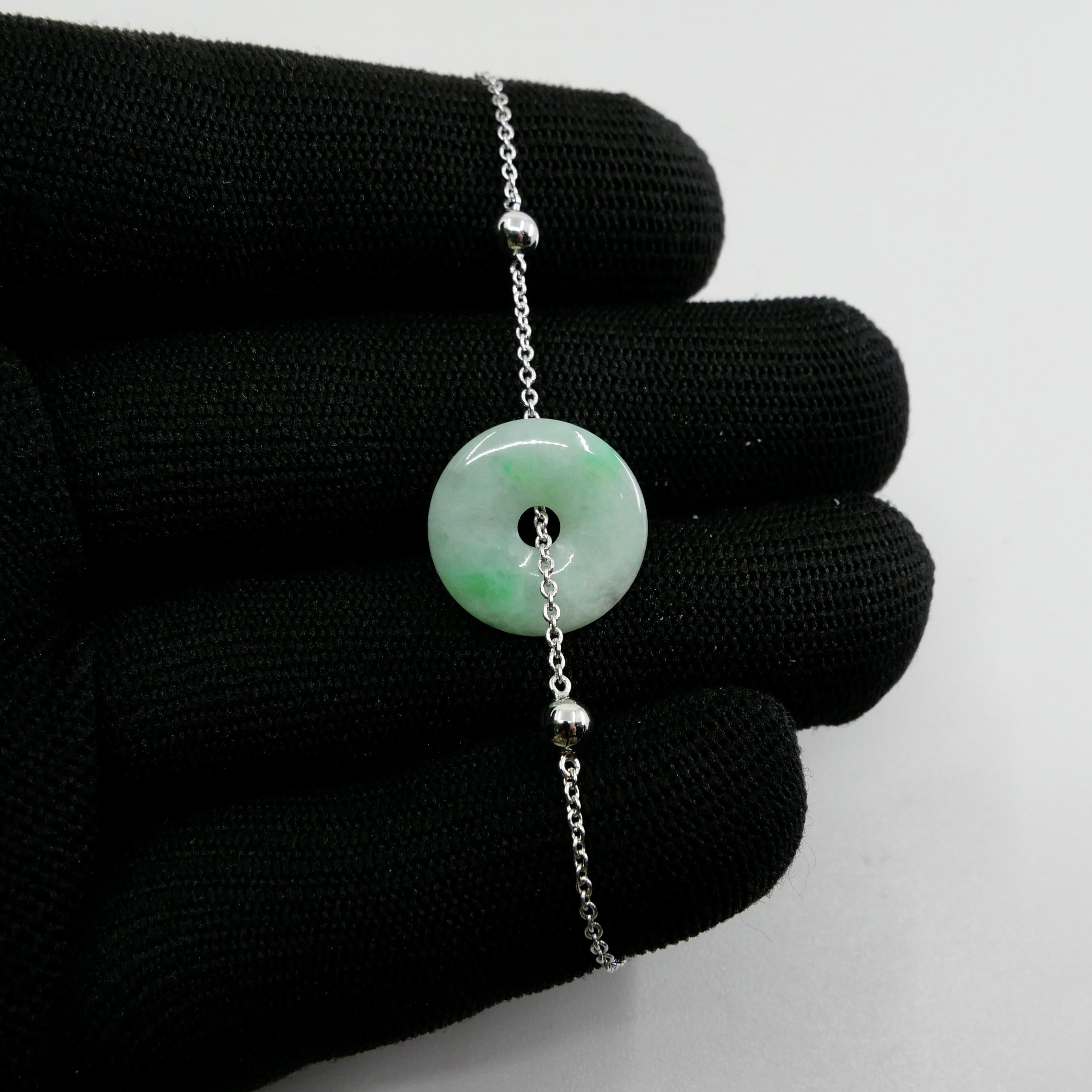 Certified 6.94 Cts Lucky Jade & White Gold Bracelet, Patches of Apple Green For Sale 8
