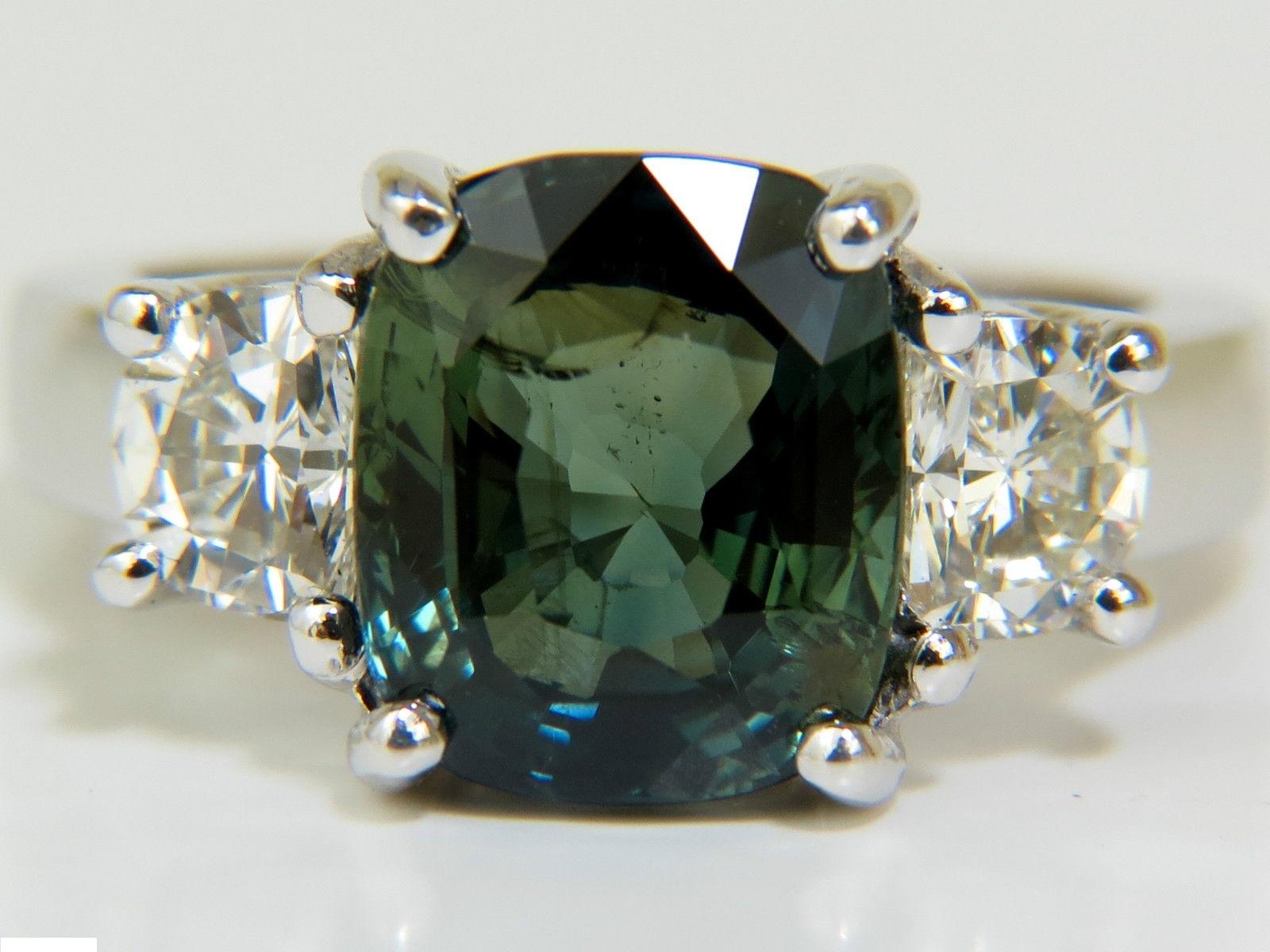 Cushion Cut Certified 6.96 Carat No Heat Natural Green Sapphire Diamond Ring Unheated