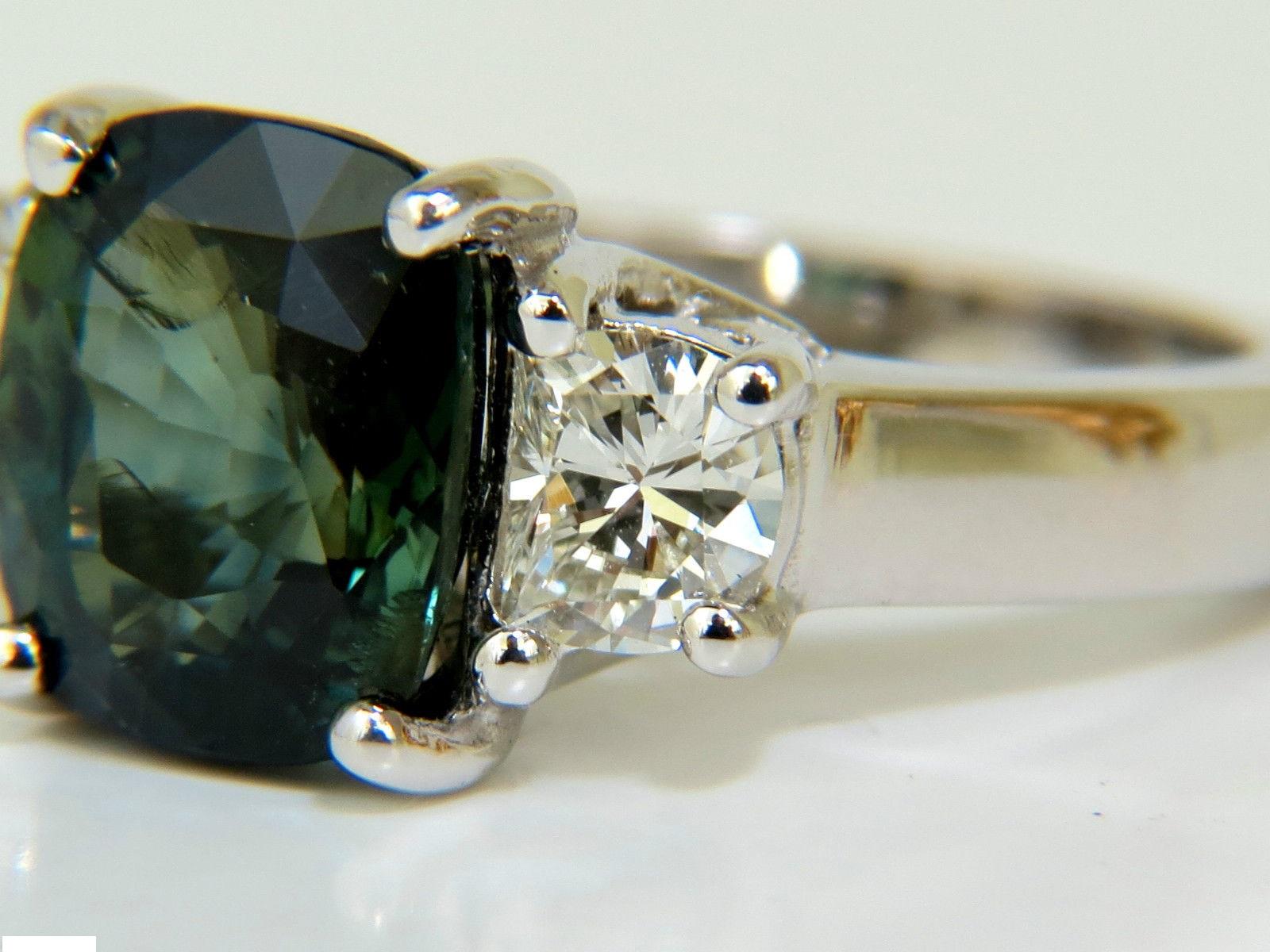 Women's or Men's Certified 6.96 Carat No Heat Natural Green Sapphire Diamond Ring Unheated