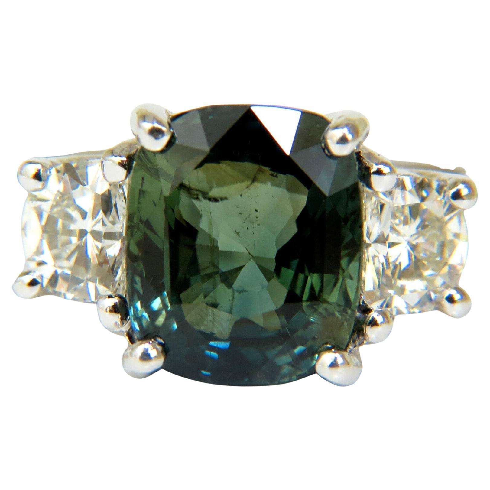 Certified 6.96 Carat No Heat Natural Green Sapphire Diamond Ring Unheated For Sale