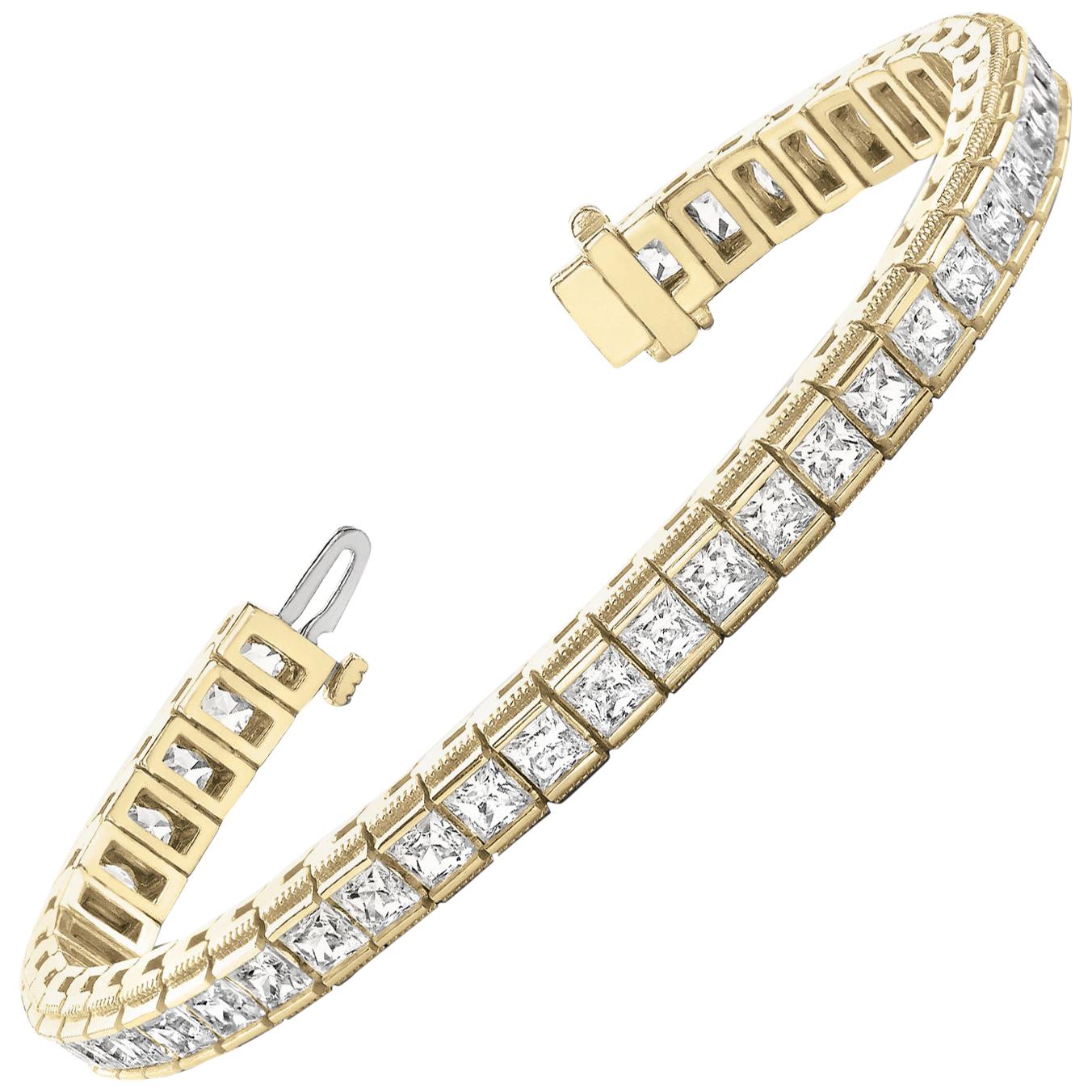 Certified 7.04 Carat Princess Cut Diamond Channel Deco Tennis Bracelet 14K Gold For Sale