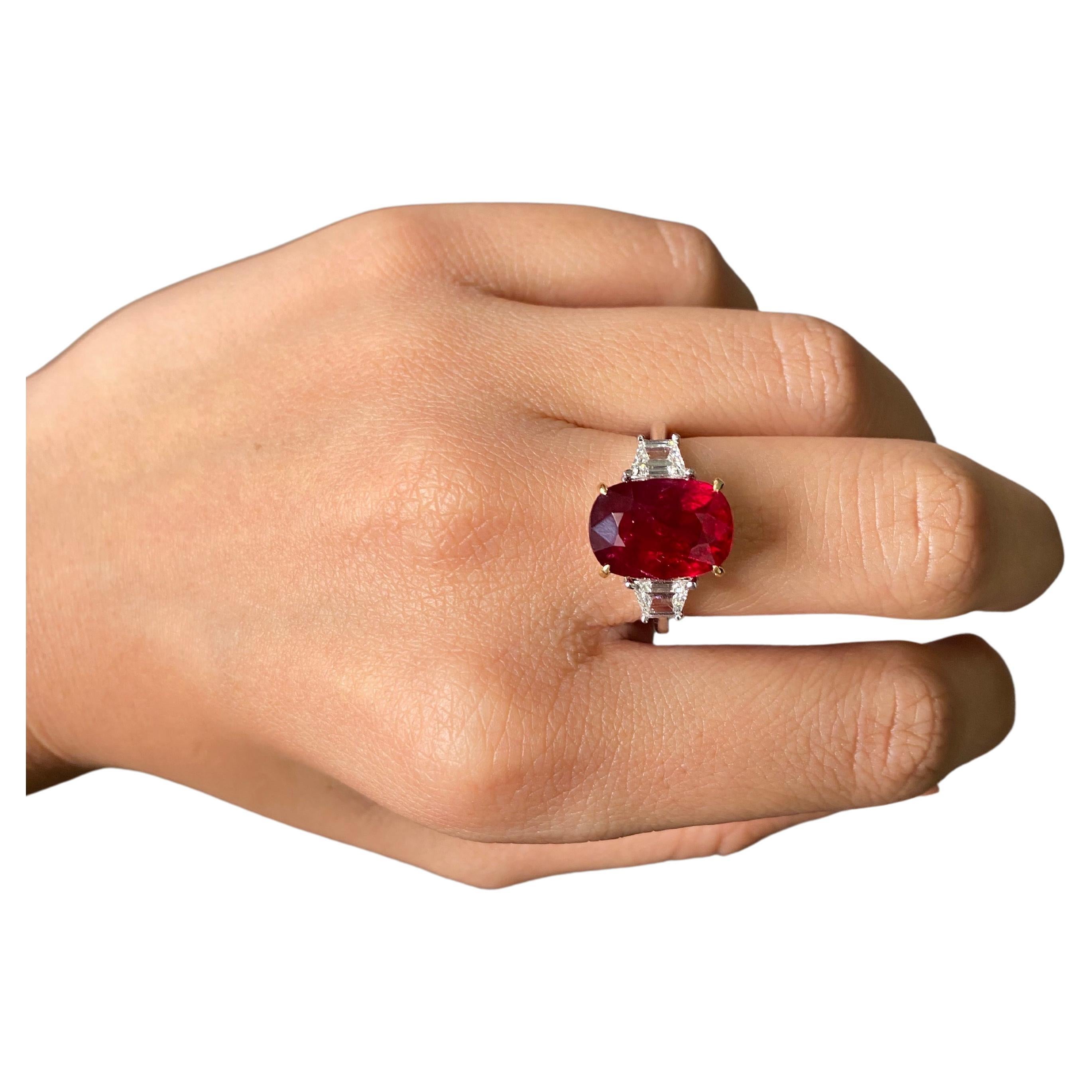 Certified 7.04 Carat Ruby and Diamond Three Stone Engagement Ring