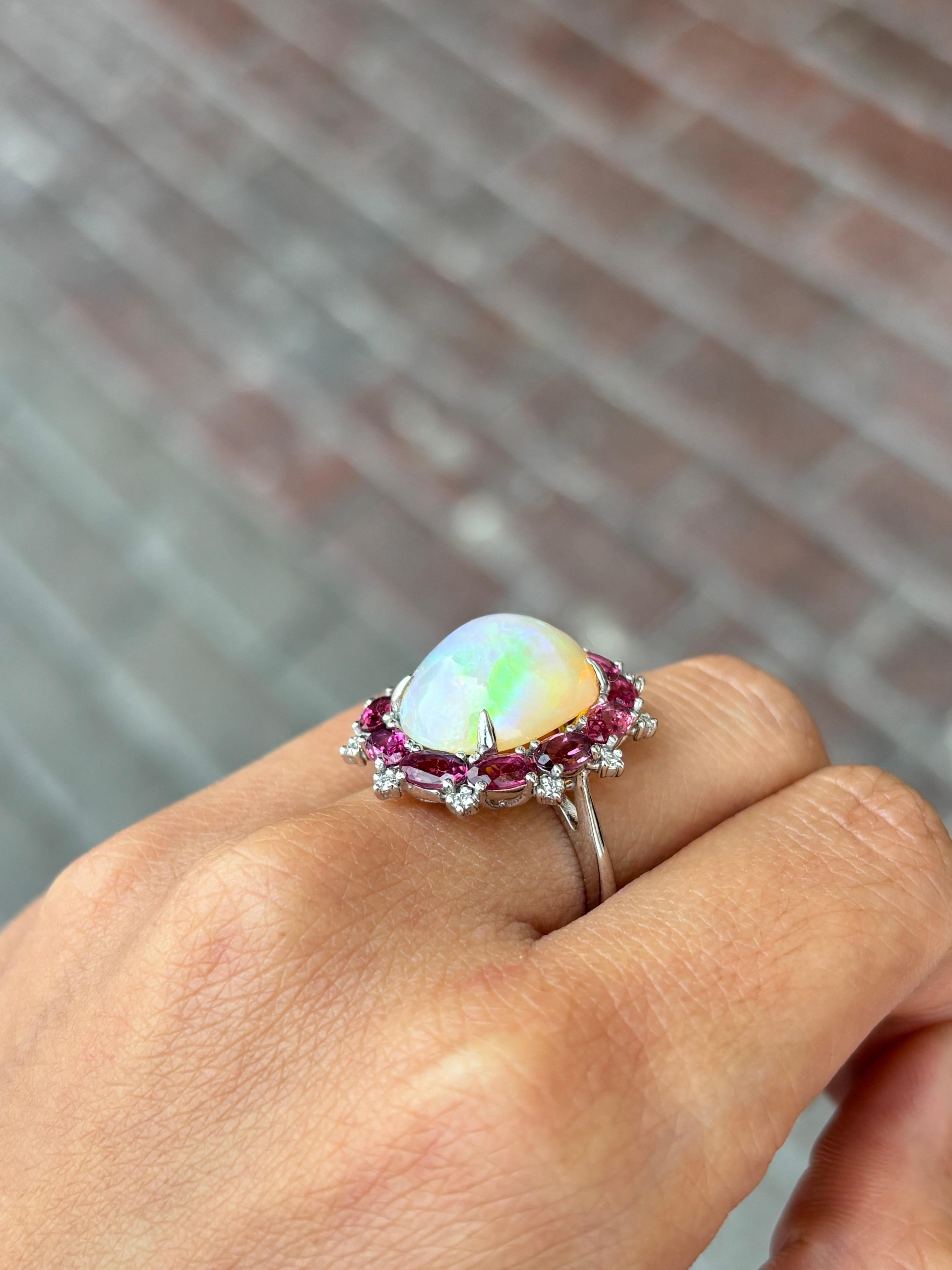 Modern Certified 7.10 Carat Opal Cabochon and Rubelite Cocktail Ring