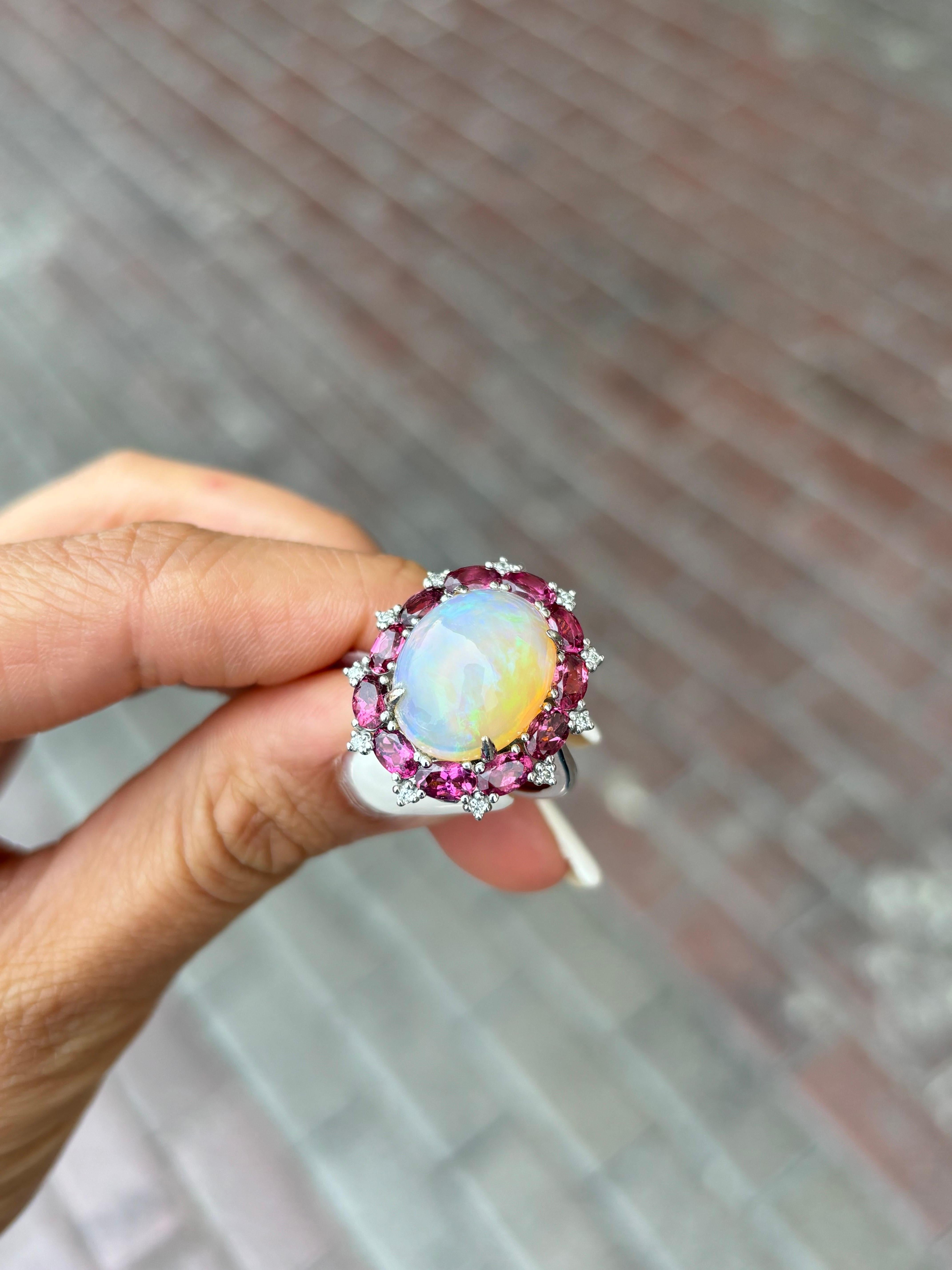 Certified 7.10 Carat Opal Cabochon and Rubelite Cocktail Ring In New Condition In Bangkok, Thailand