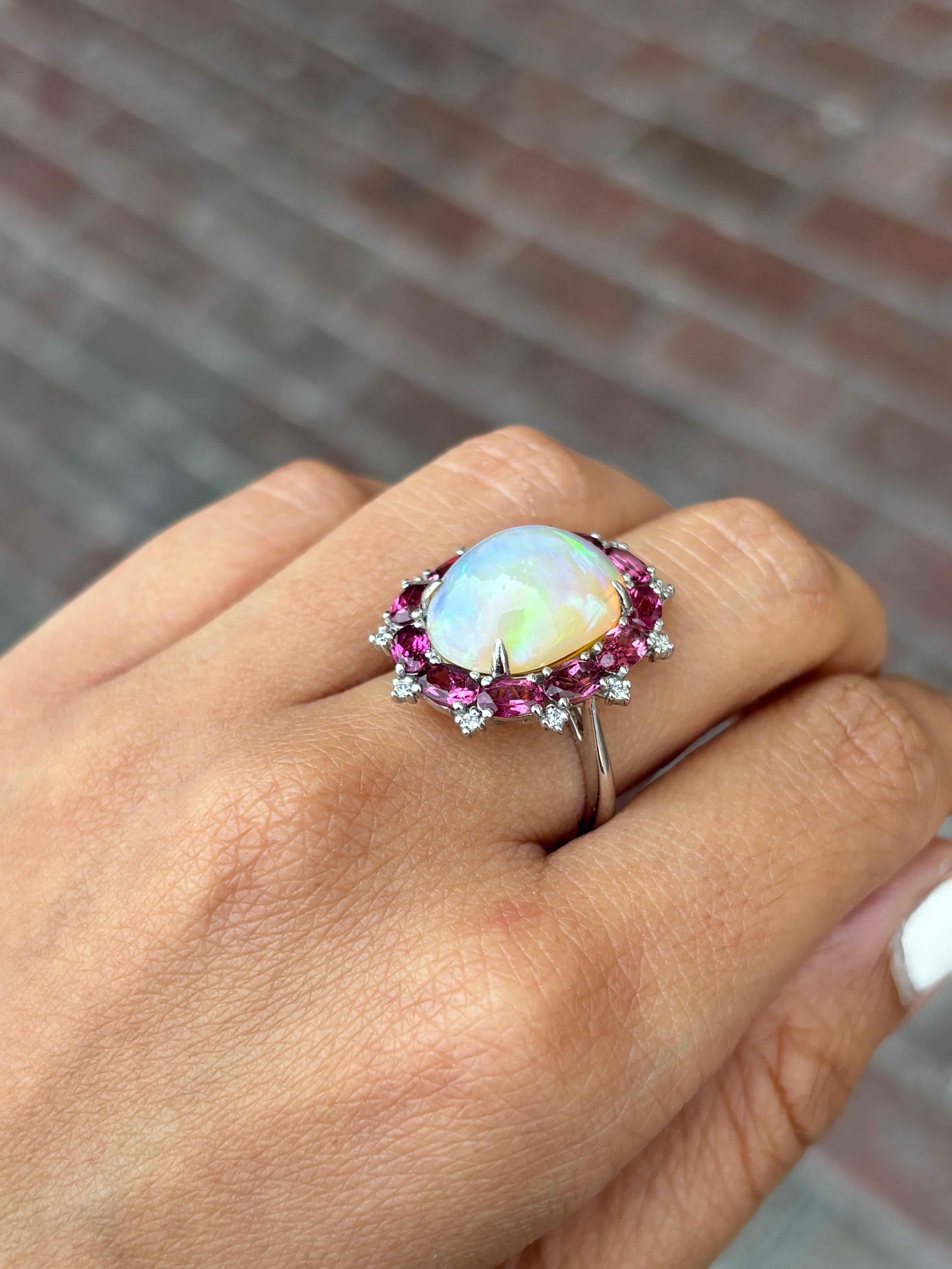 Women's Certified 7.10 Carat Opal Cabochon and Rubelite Cocktail Ring
