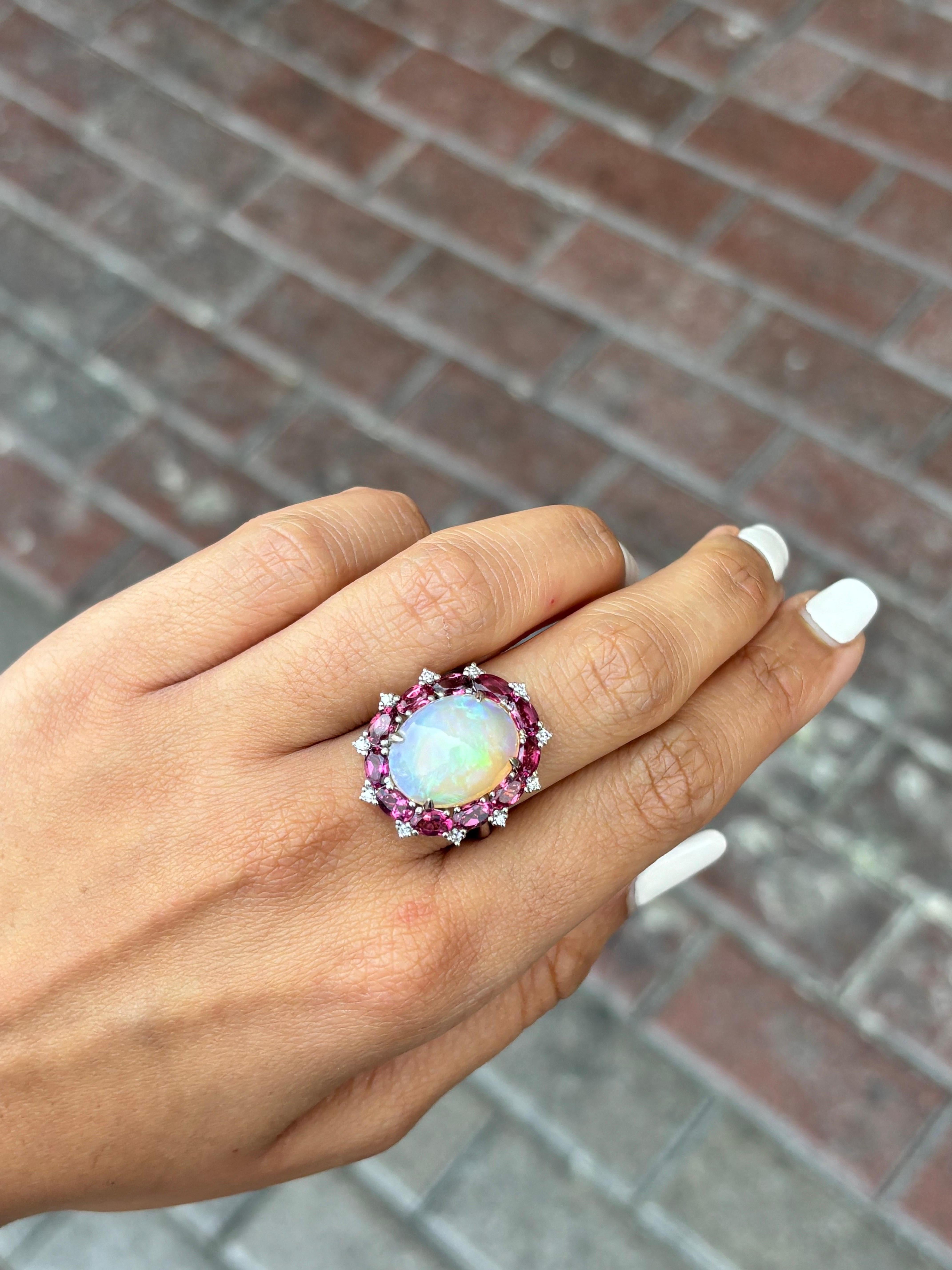 Certified 7.10 Carat Opal Cabochon and Rubelite Cocktail Ring 1