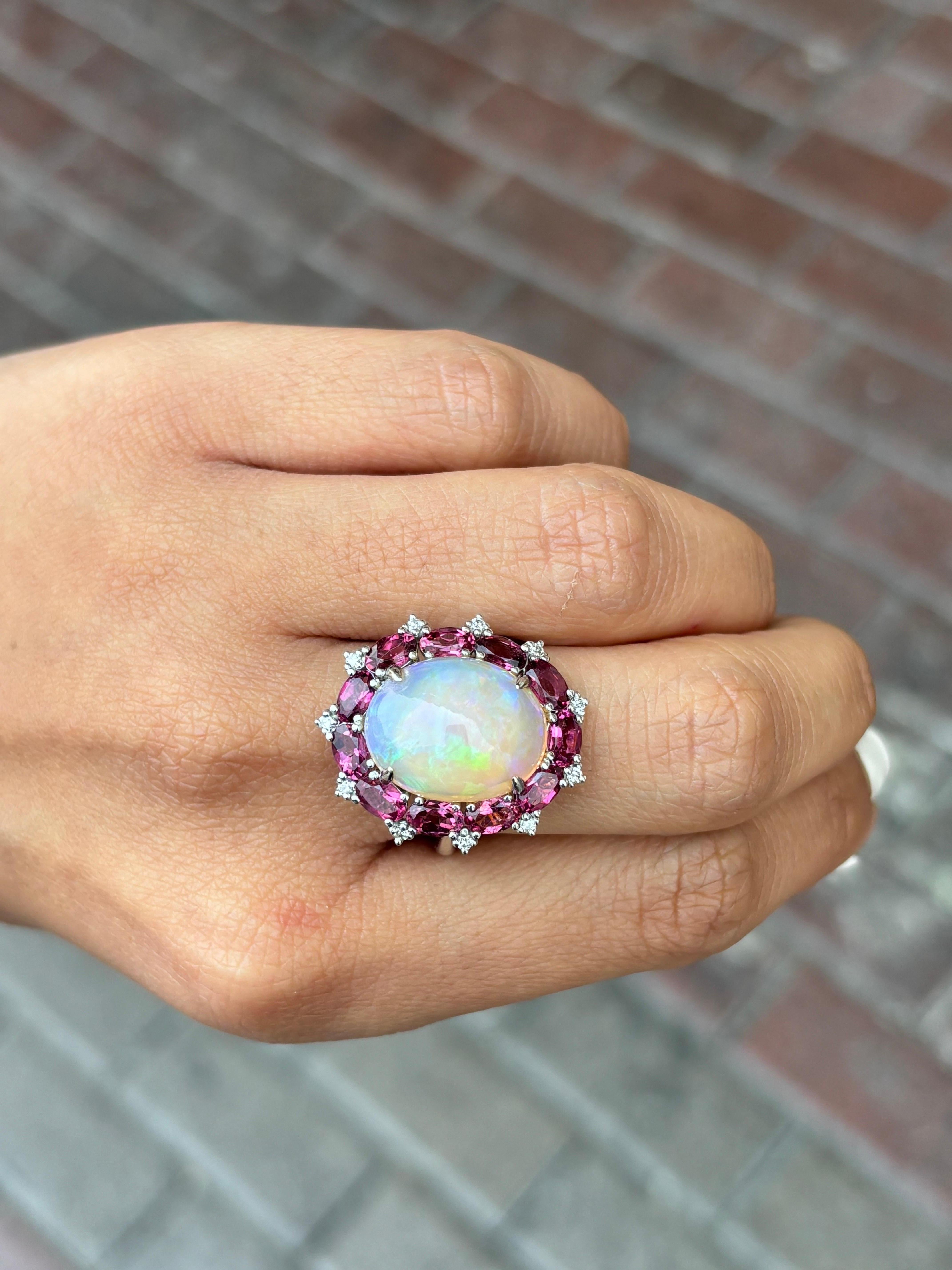 Certified 7.10 Carat Opal Cabochon and Rubelite Cocktail Ring 2