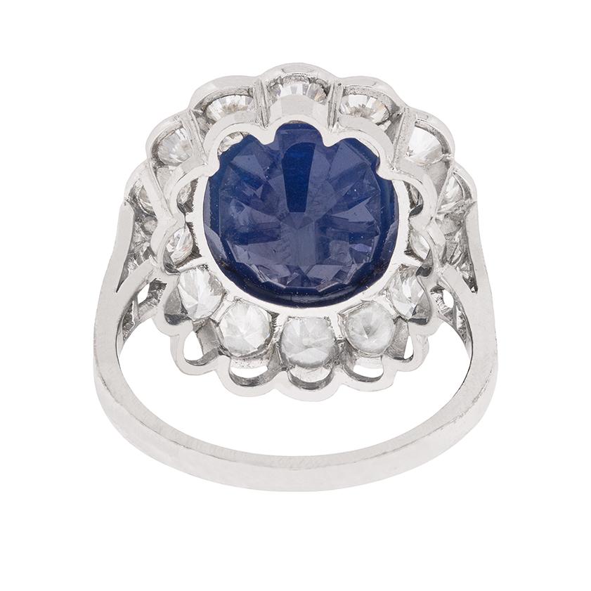 Certified 7.10 Carat Sapphire & 2.40 Carat Diamond Halo Ring c.1940s In Good Condition For Sale In London, GB