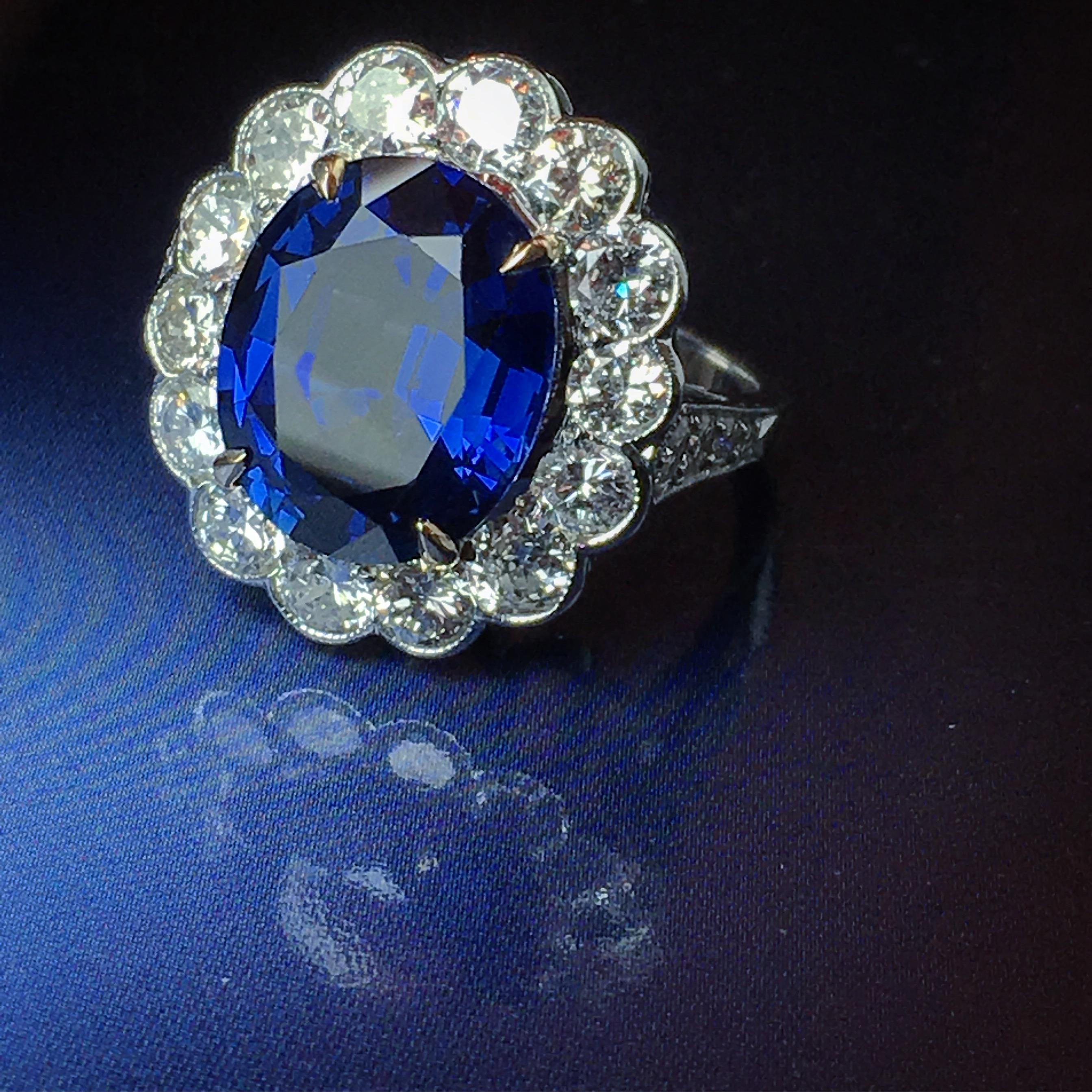 Certified 7.10 Carat Sapphire & 2.40 Carat Diamond Halo Ring c.1940s For Sale 3