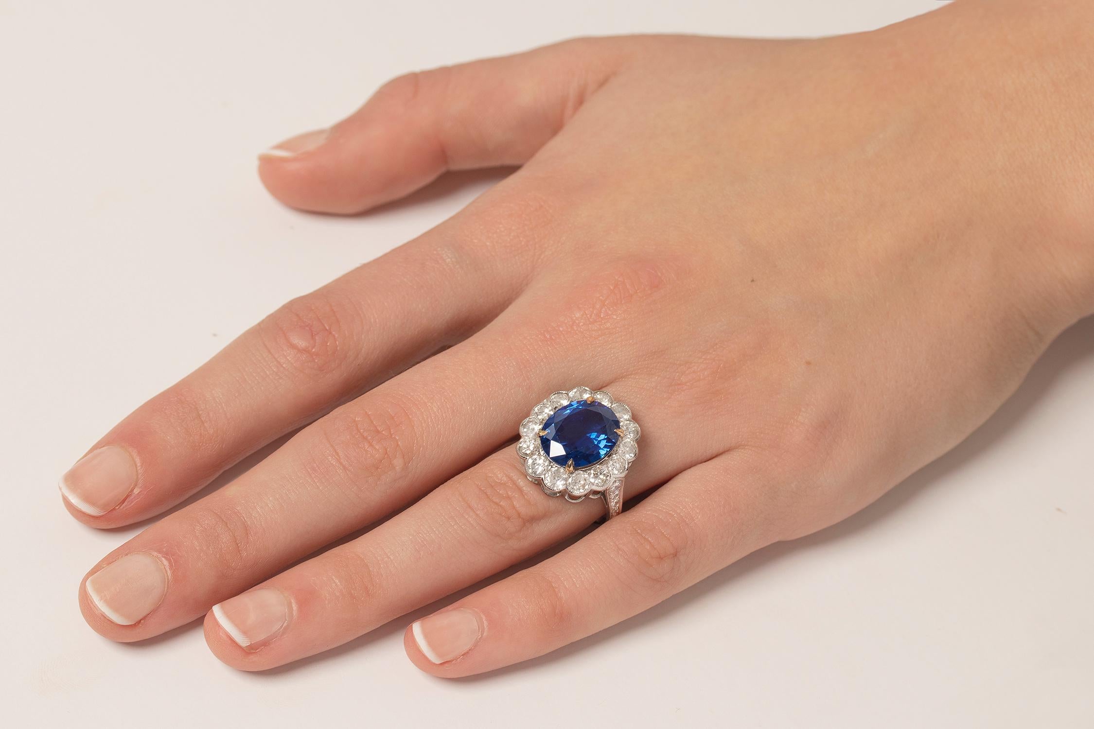 Certified 7.10 Carat Sapphire & 2.40 Carat Diamond Halo Ring c.1940s For Sale 2