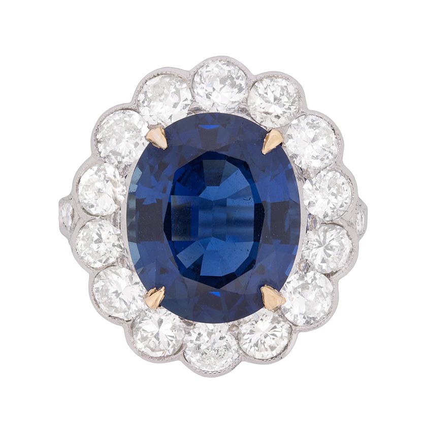 Certified 7.10 Carat Sapphire & 2.40 Carat Diamond Halo Ring c.1940s