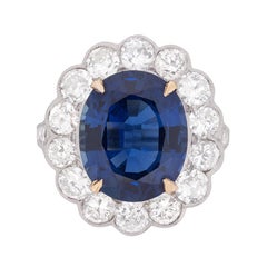Certified 7.10 Carat Sapphire & 2.40 Carat Diamond Halo Ring c.1940s