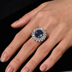Certified 7.15 Carat Vivid Blue Sapphire & Diamond Sunburst Vintage French Ring