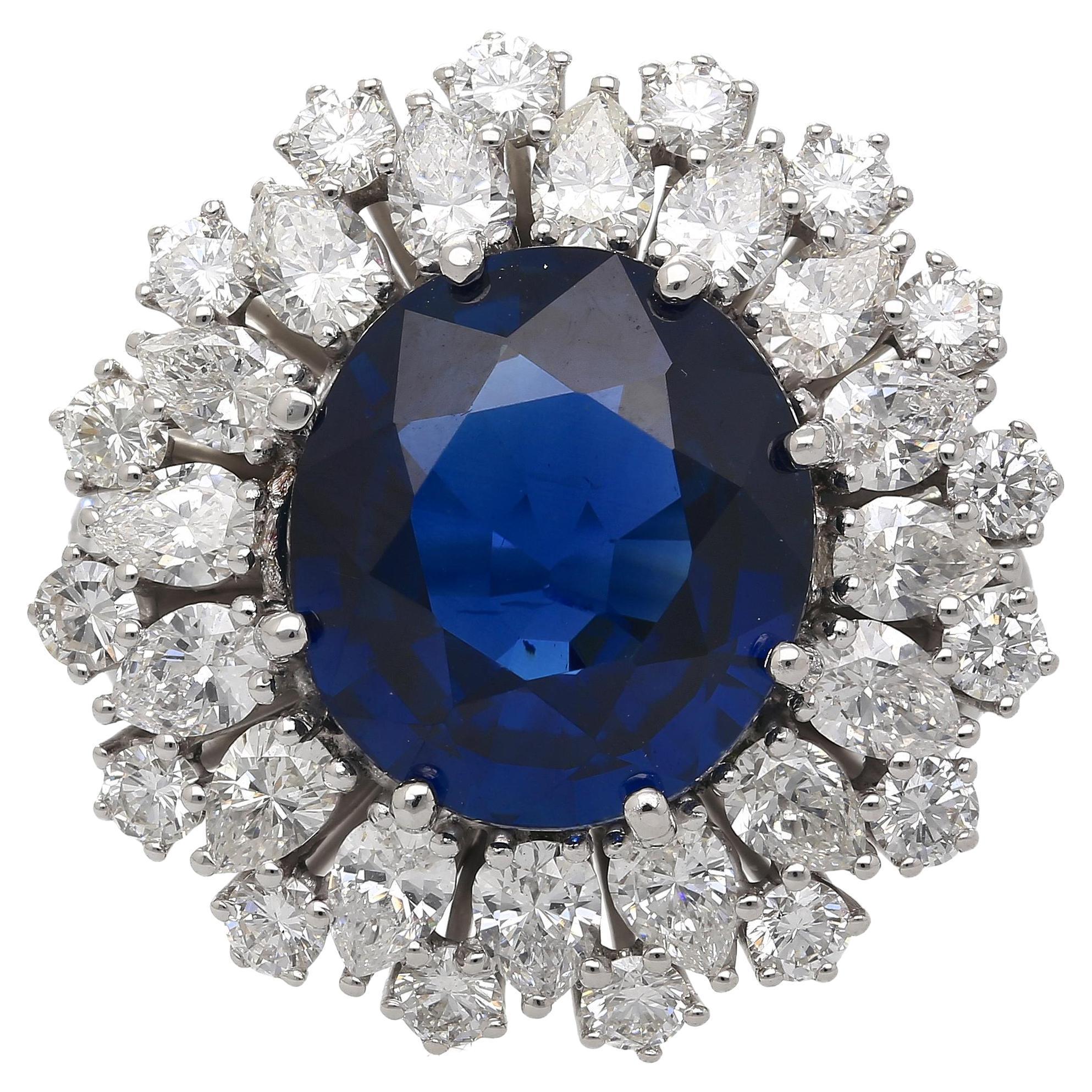 Certified 7.15 Carat Vivid Blue Sapphire & Diamond Sunburst Vintage French Ring