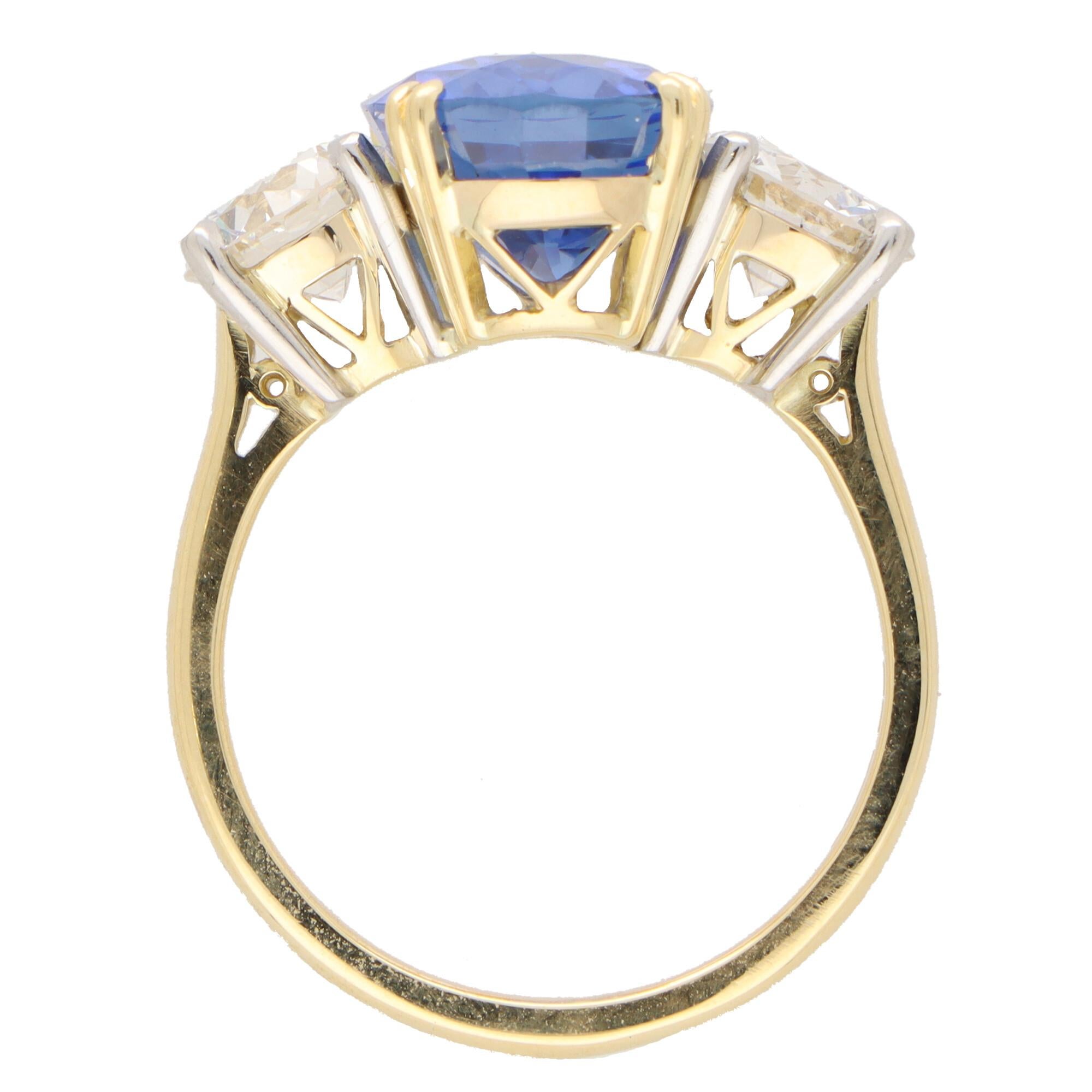 Oval Cut Certified 7.18ct Sapphire and Diamond Three Stone Ring Set in 18k Yellow Gold